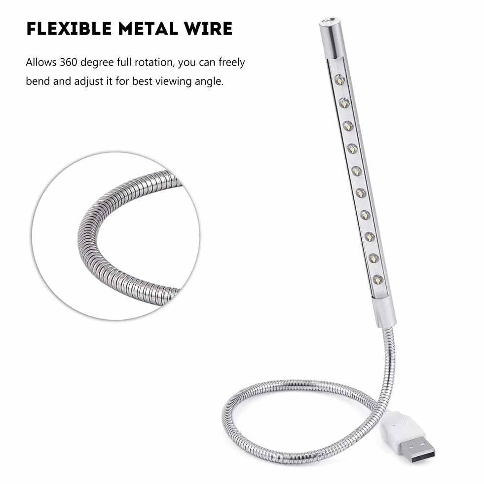 Lampa do Laptopa LED 1W USB Przenośna Klawiatura 10 Szt. Srebro
