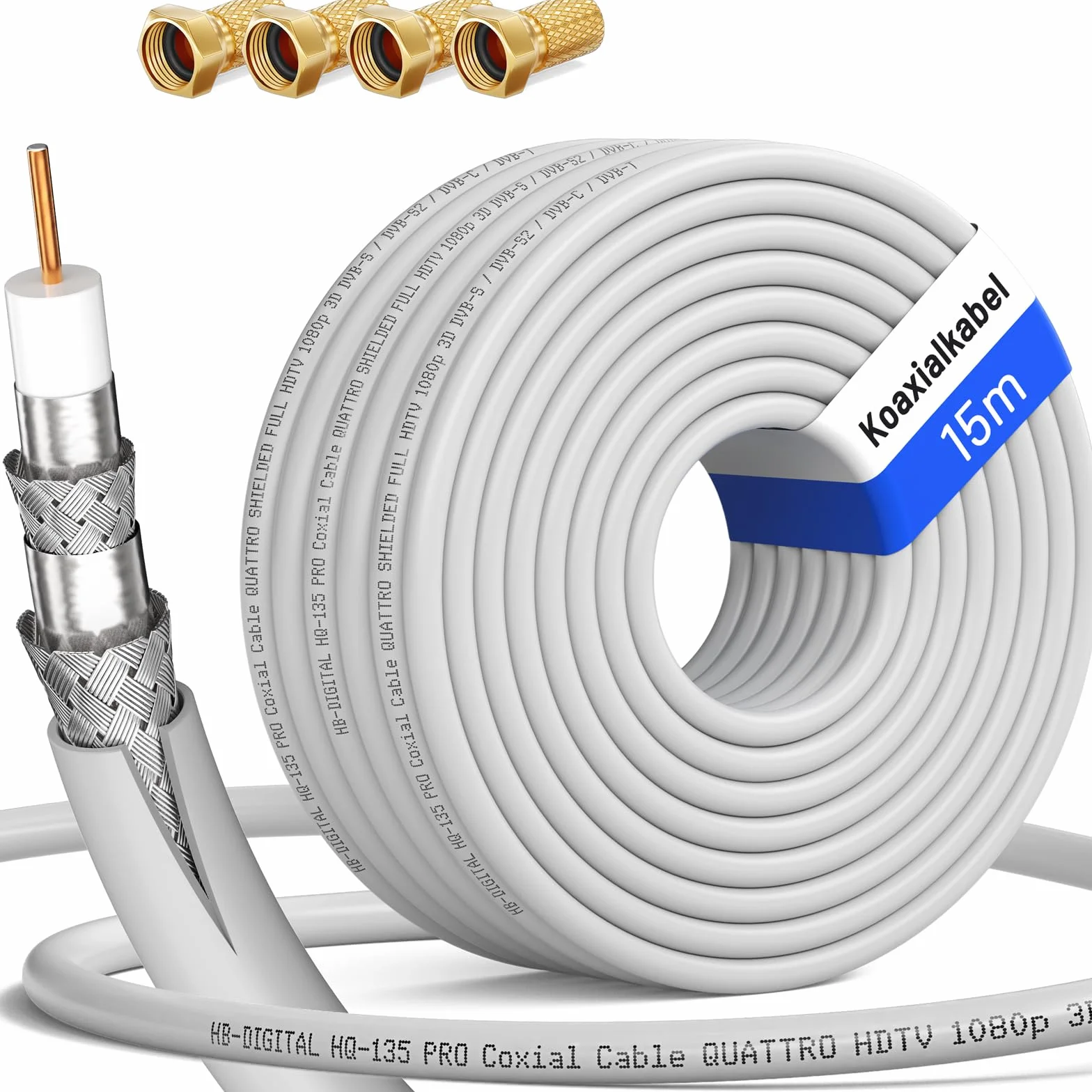 HB-DIGITAL Kabel koncentryczny 15 m SAT 135 dB 8K 4K UHD 4-krotnie ekranowany do DVB-S / S2 DVB-C / C2 DVB-T / T2 DAB+ radio + w zestawie 4 x pozłacane wtyczki F BK urządzenia - stalowy/miedziany