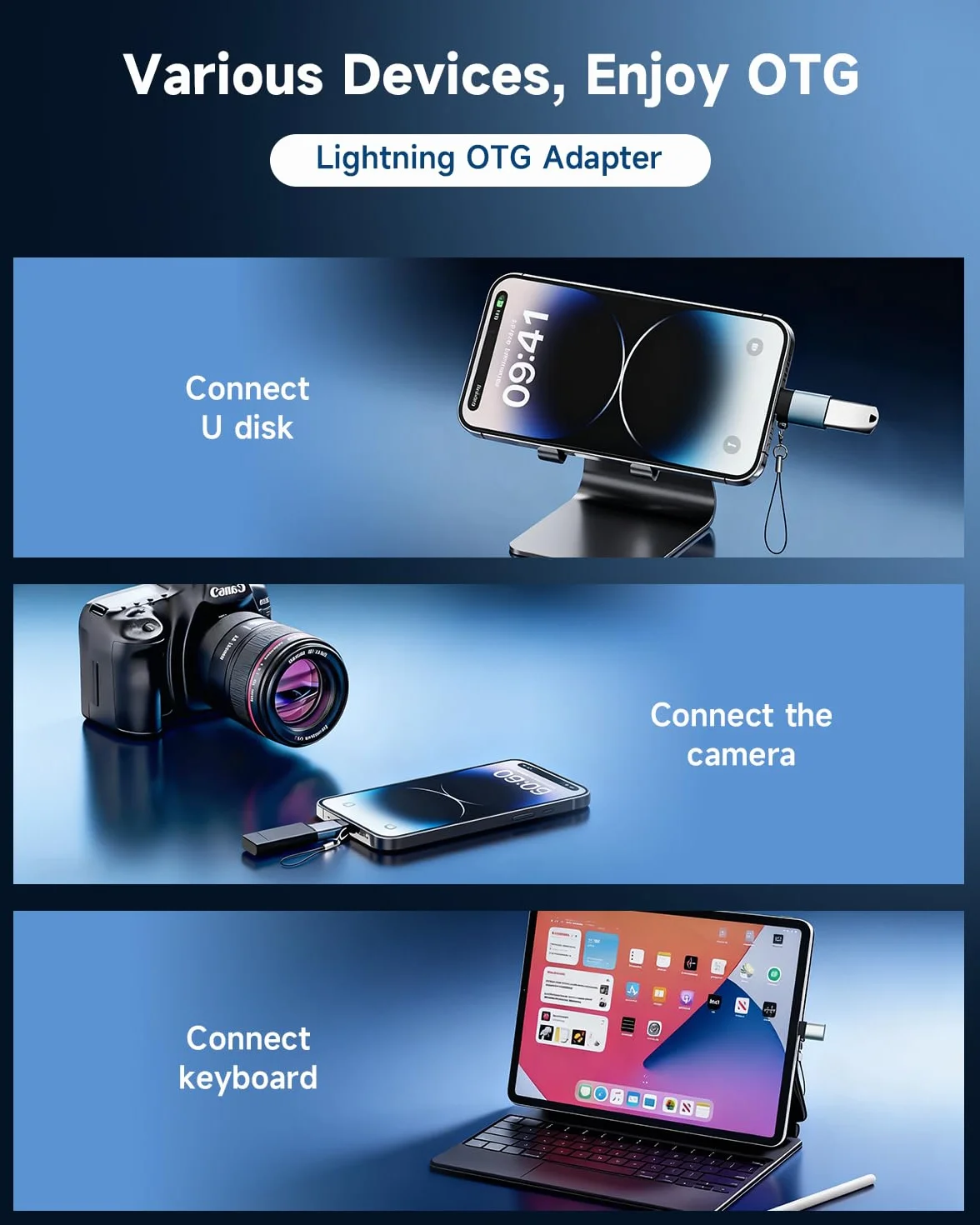Adapter Lightning do USB OTG męski żeński szybki transfer danych iPhone 14/13/12/11/X/8/7 iPad 2 sztuk