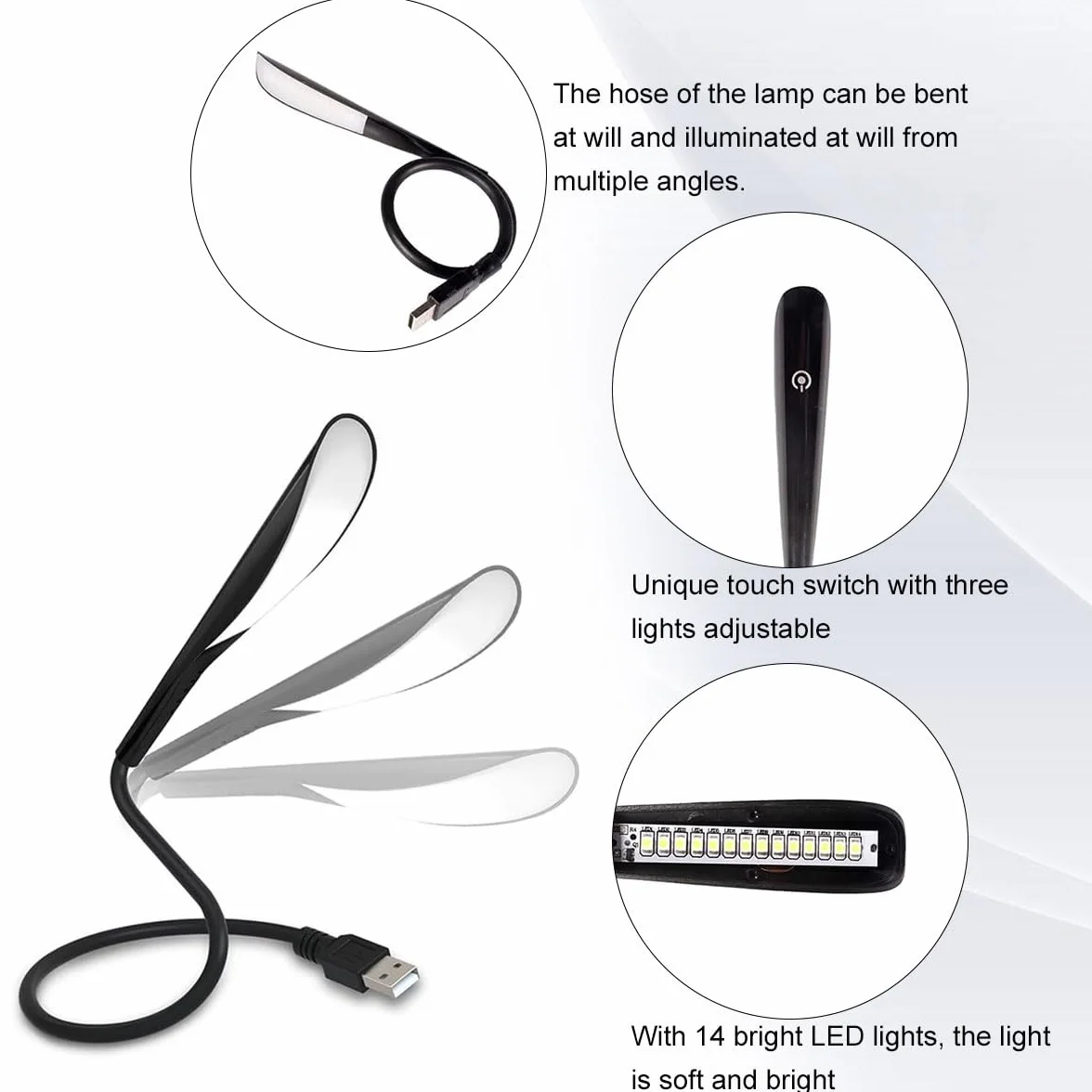 Lampa USB, możliwość ściemniania, lampa USB, lampka do czytania USB, 3-stopniowa regulacja jasności, lampka nocna LED, mini USB do laptopa, 14 diod LED, lampa typu łabędzia szyja, przełącznik