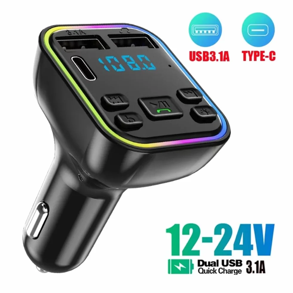 Bluetooth 5.0 nadajnik FM, ładowarka samochodowa, podwójne złącze USB, adapter samochodowy, odtwarzacz MP3, odbiornik audio, wyświetlacz LED, włącznik światła
