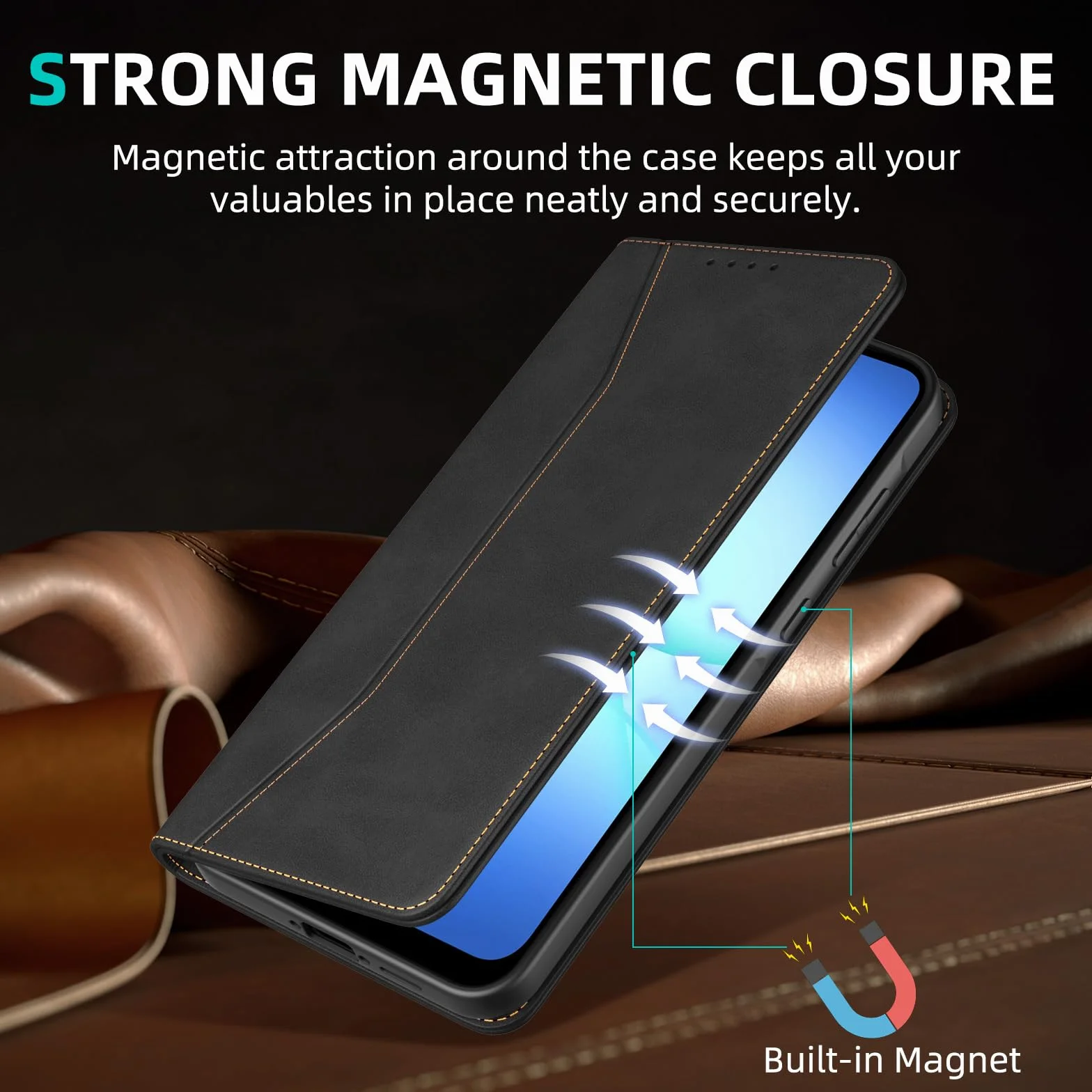 Phoona Etui do Samsung Galaxy A17 5G z 1 szkłem hartowanym, etui premium ze skóry PU, blokada RFID, odporność na wstrząsy, magnetyczne, otwory na karty, ze wspornikiem, czarne etui z klapką