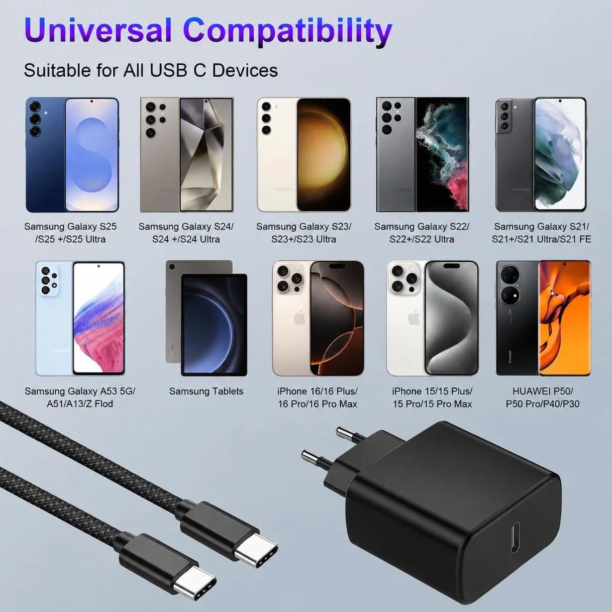 Bimker Szybka ładowarka USB C 45 W do Samsung Galaxy S25 Ultra, S24, S23, S22, S21, S20, Note20, A73, A53, Flip5, Fold4 z kablem 2M