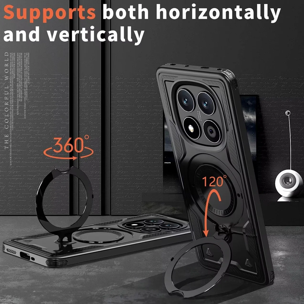 Etui do Xiaomi Redmi Note 14 Pro Plus 5G / Note 14 Pro+ 5G i szkło hartowane*2, wytrzymałe etui z podstawkami i uchwytem na pierścień - czarne