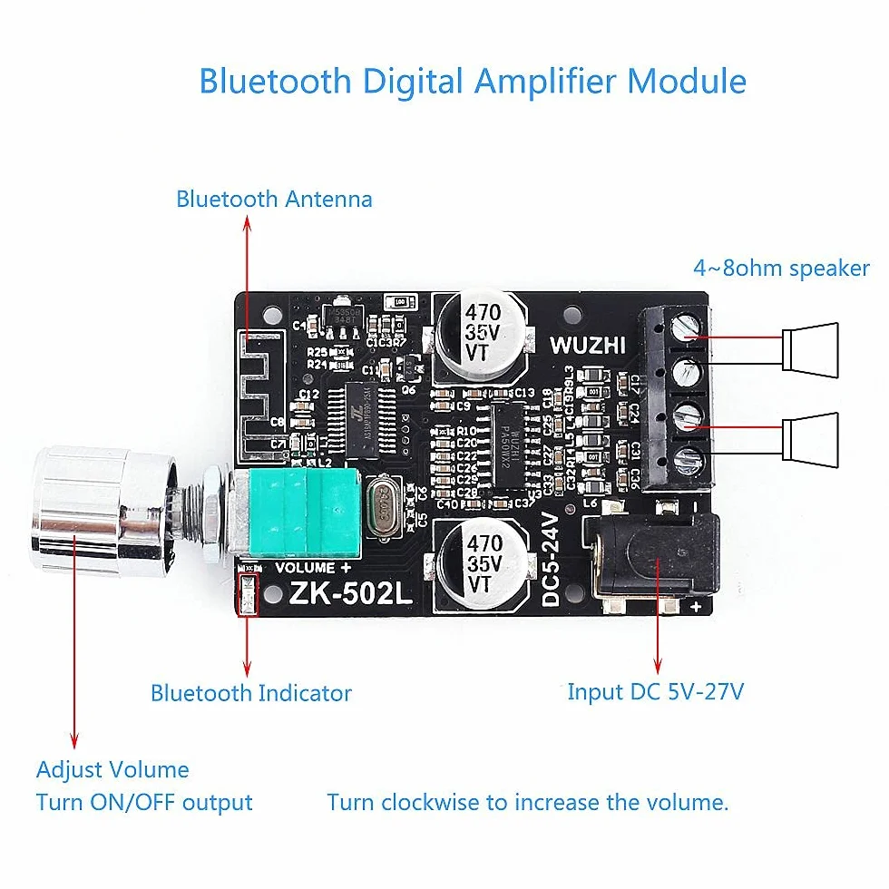 DollaTek 2x50W TPA3116 bluetooth 5.0 mini karta cyfrowy wzmacniacz mocy z prze??cznikiem i regulowan? g?o?no?ci? z obudow?