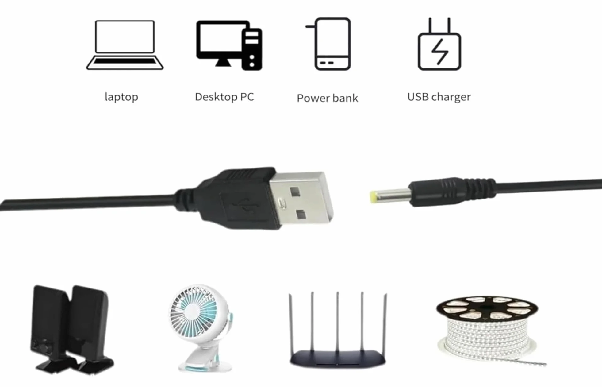 2 Pack | kabel zasilający USB do DC 4,0 * 1,7mm 5V kabel zasilający do ładowania | 100cm | do pasków świetlnych USB LED, latarek, lamp stołowych, wentylatorów, głośników