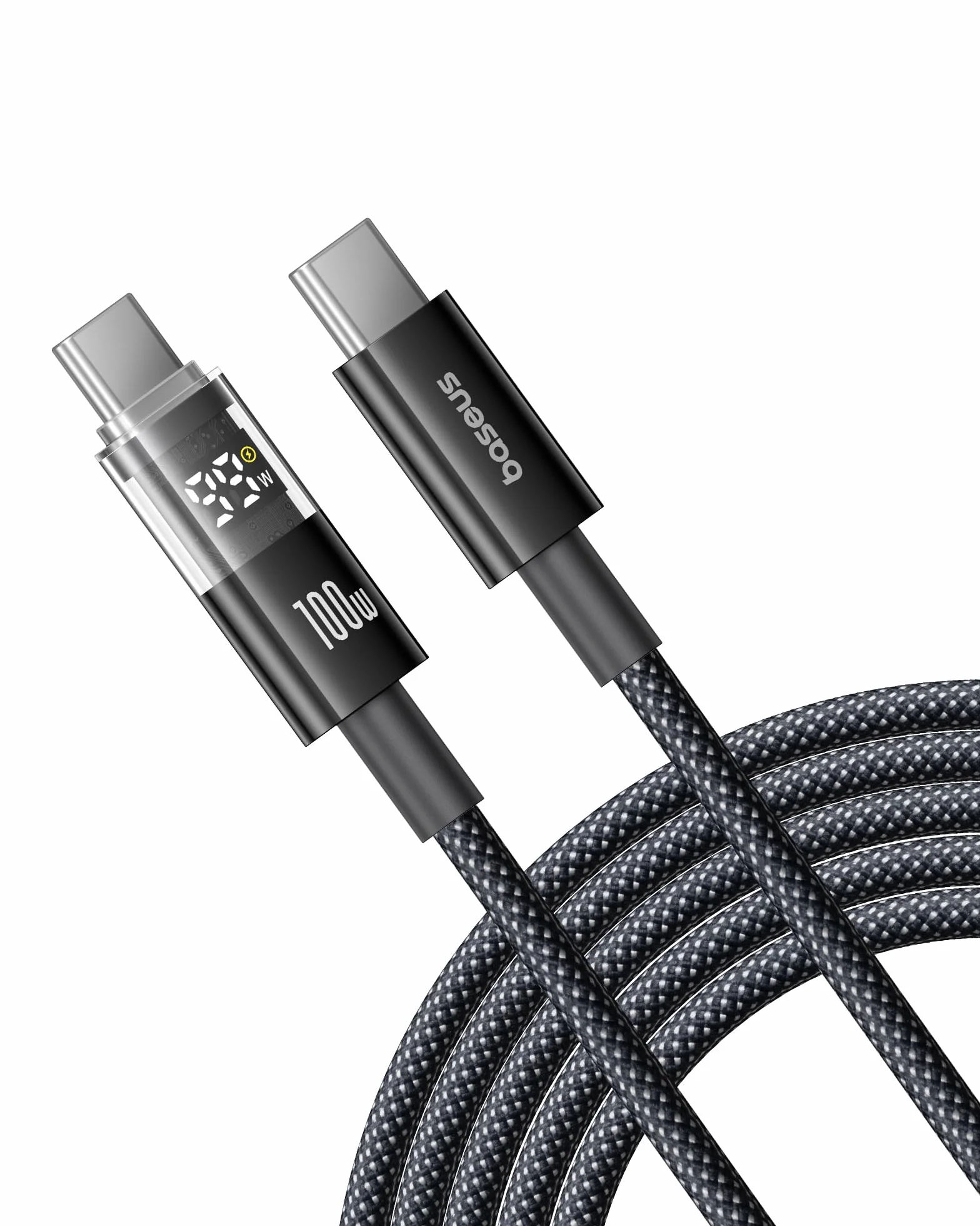 Baseus Kabel USB C z Wyświetlaczem Cyfrowym, Kabel Szybkiego Ładowania Typu C do C o Mocy 100 W, z Szybkością 480 Mb/s, w Oplocie, Kompatybilny z iPhone16/16Pro/16Pro Max/15, Macbookiem, 2 m