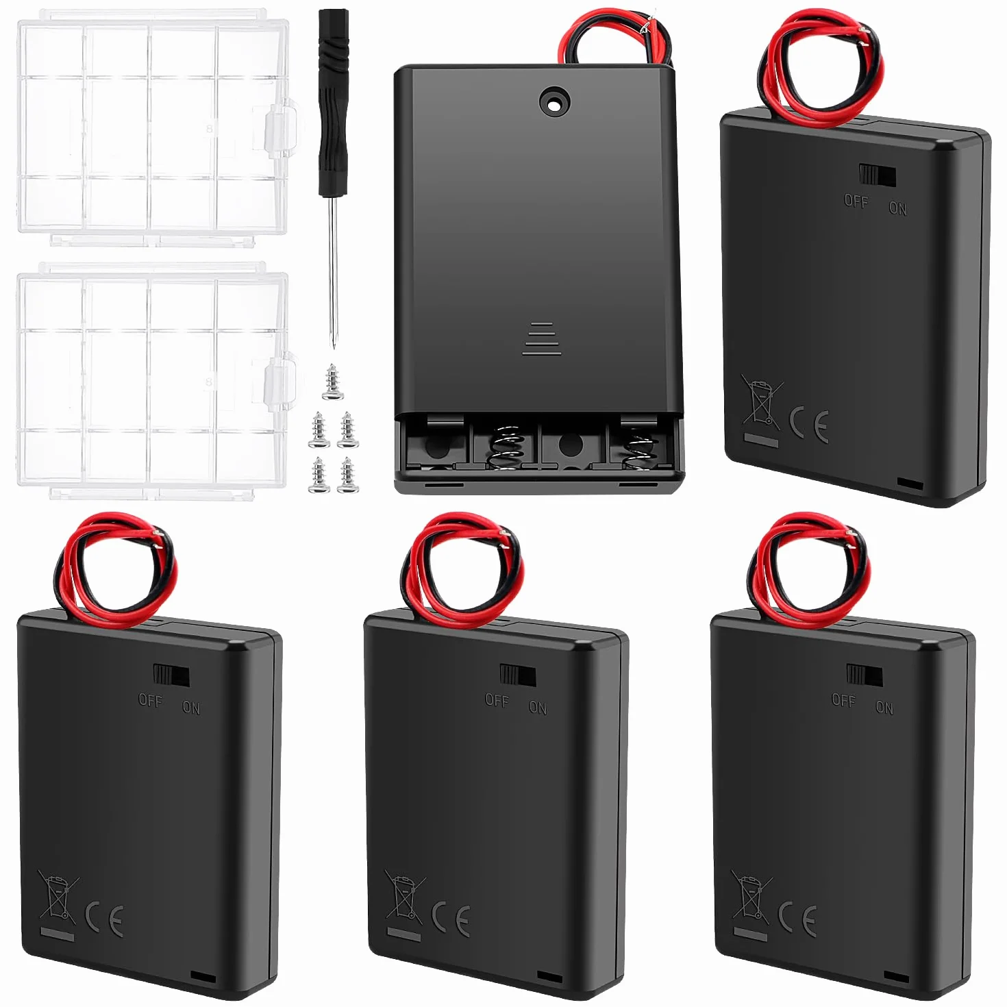 5 Sztuk 4 AAA Uchwyty na Baterie, KUOQIY 4 x 1.5V AAA Battery Storage Box z Wire i Przełącznikiem ON/OFF i Pokrywą, z Plastikowym Pojemnikiem na Baterie i Śrubokrętami i Śrubami