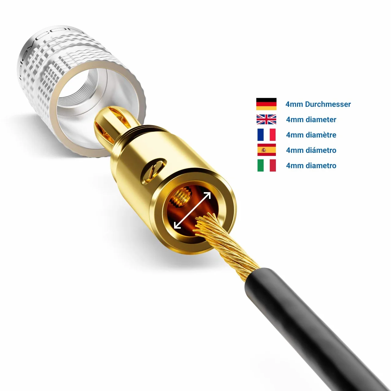 deleyCON 4 Sztuki Pozłacane Wtyki Bananowe 0,75-4,5 mm - Przykręcane za Kabel Głośnikowy - Srebrny