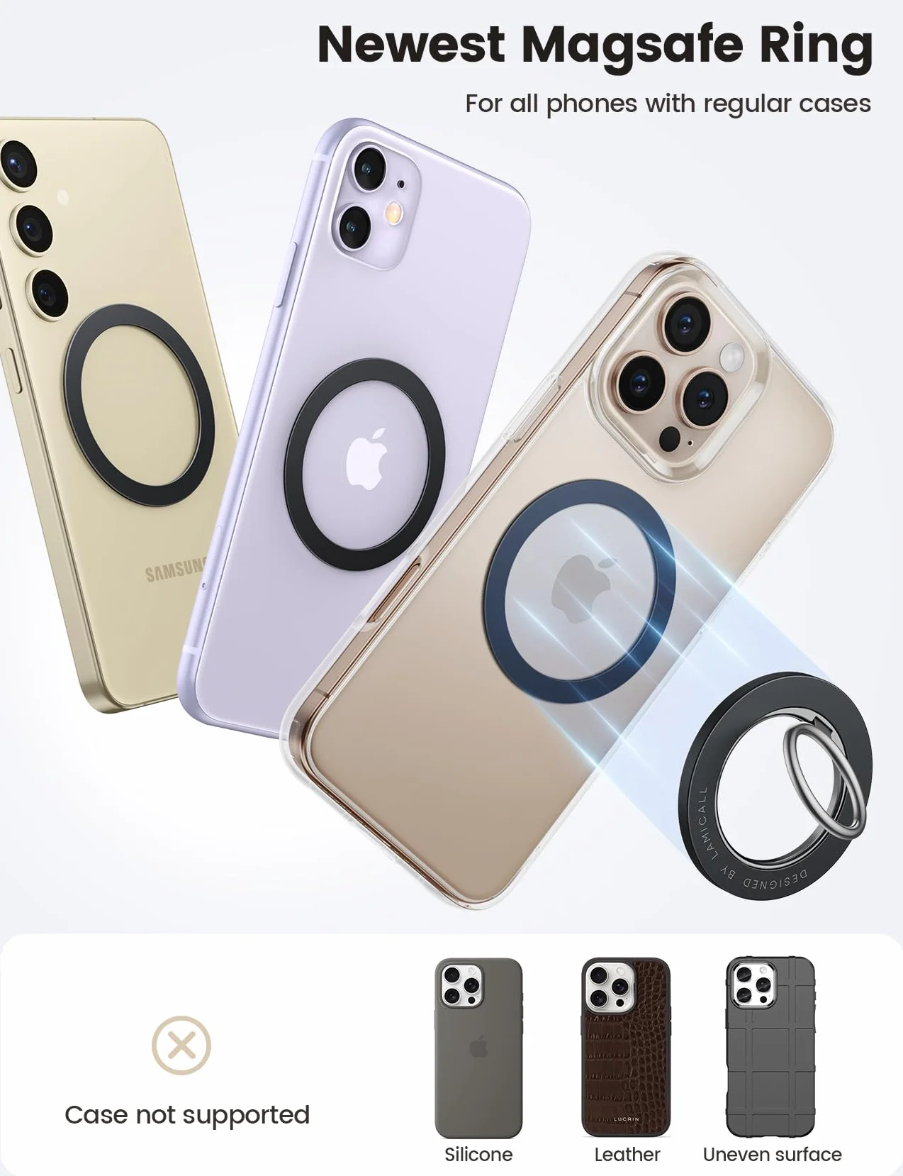 Lamicall naklejki pierścieniowej dla Mag-Safe - [4 sztuk]Ekstra silny metalowy pierścień,zestaw konwersyjny na bezdotykowego ładowania, odpowiedni dla iPhone 16/15/14/13/12/11, Galaxy,Android - Czarny