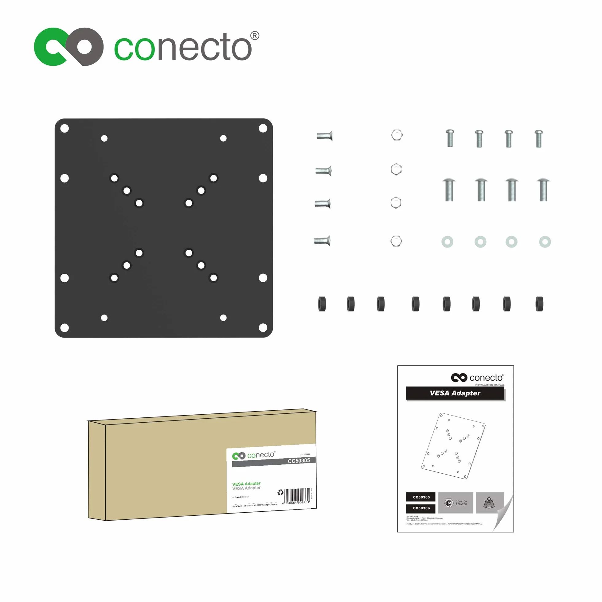 conecto CC50305 uniwersalny adapter VESA VESA 50x50 do 200x200, 1-częściowy, czarny
