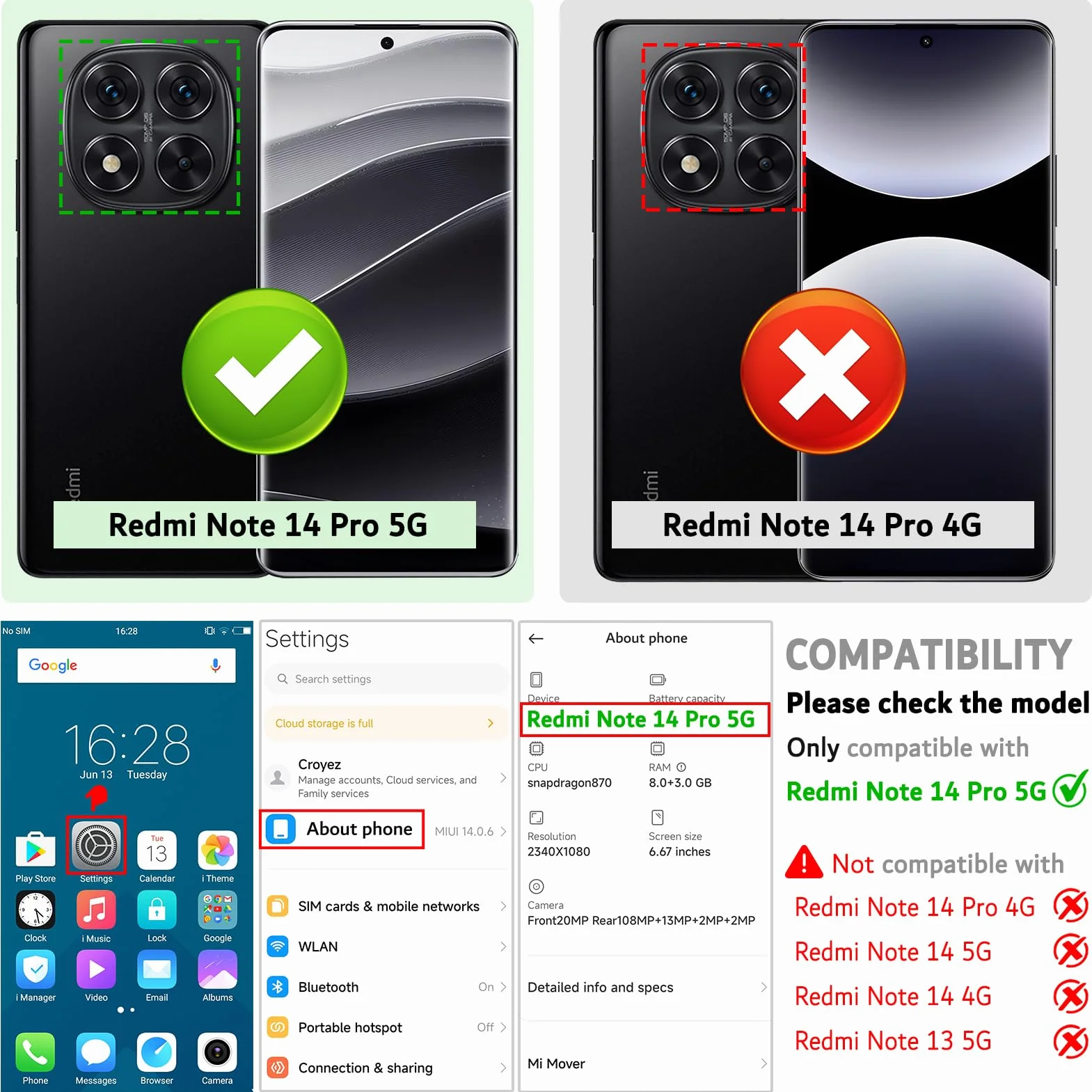 Ganbary Etui kompatybilne z Xiaomi Redmi Note 14 Pro 5G (nie dla 4G), wysokiej jakości etui z klapką ze skóry PU [pełna ochrona] [przegródki na karty] [podpórka], czarne