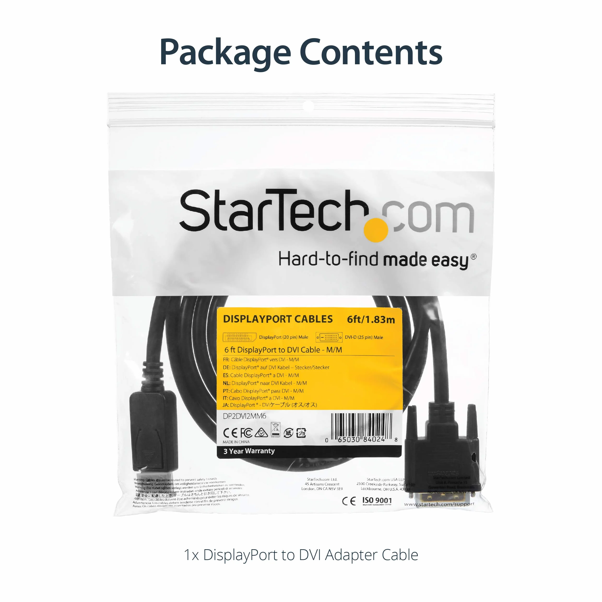 StarTech.com 1,8 m DisplayPort na kabel DVI, wtyczka/wtyczka, adapter DP do DVI/Koverter, 1920 x 1200 / 1080p, czarny