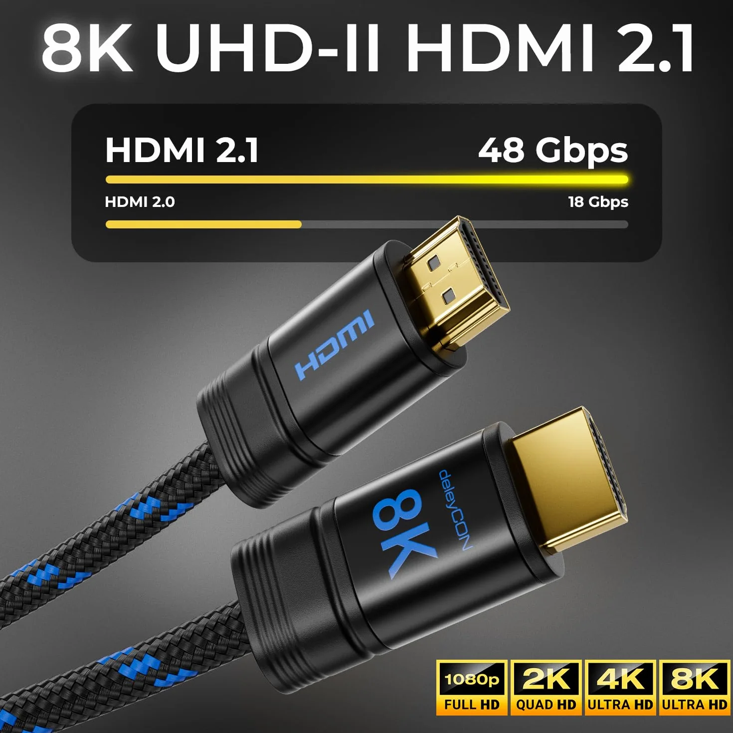 deleyCON 2m Kabel HDMI 2.1b 48G ULTRA Highspeed 8K@60Hz 4K@120Hz EARC HDCP 2.3