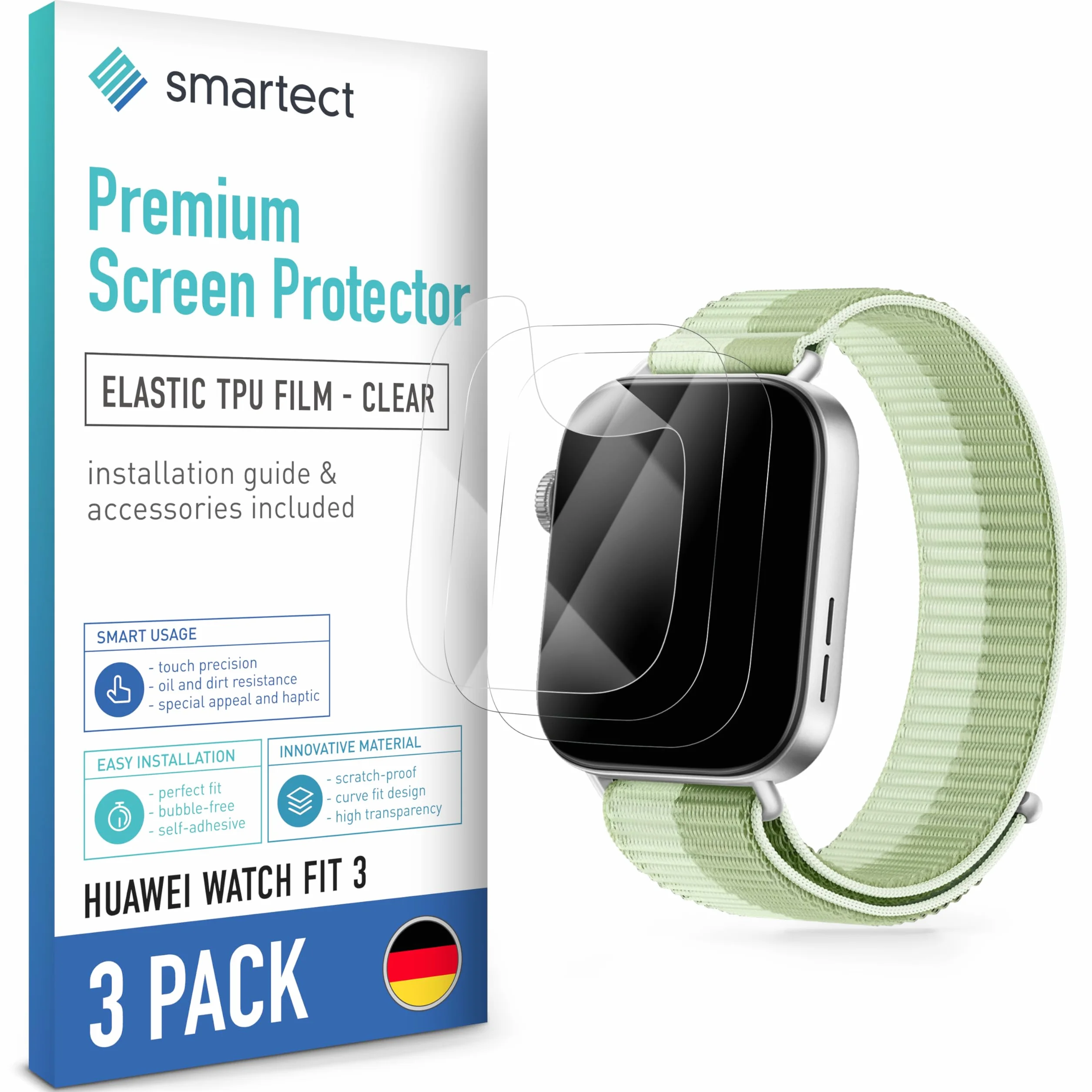 smartect Folia Ochronna TPU [3 Sztuki, Clear] dla Huawei Watch Fit 3, Zakrywa cały wyświetlacz, Ochraniacz Ekranu bez Pęcherzyków, Bez Odcisków palców
