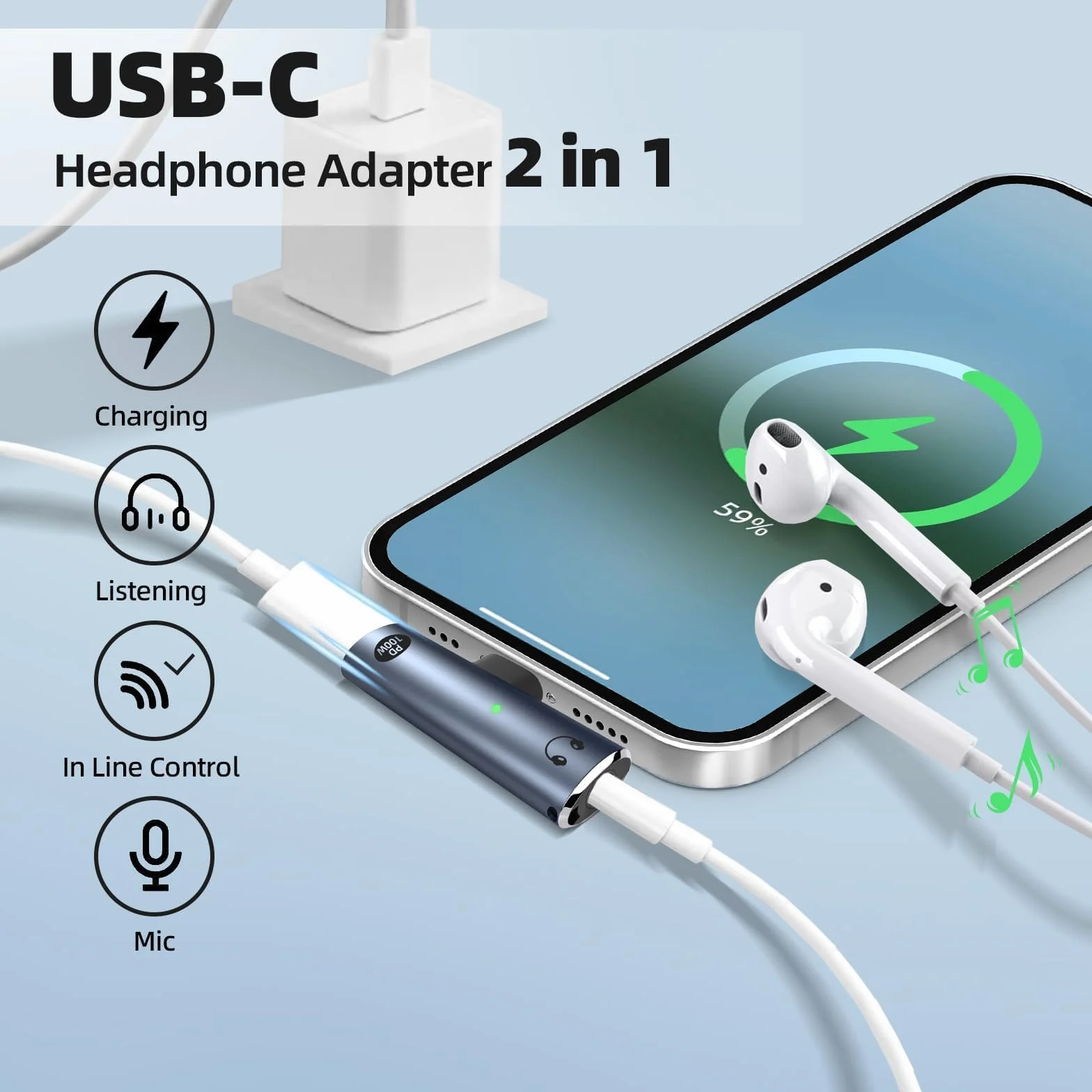 Adapter Słuchawkowy USB-C 2 w 1 Szybkie Ładowanie 100W Złącze Audio 3,5 mm