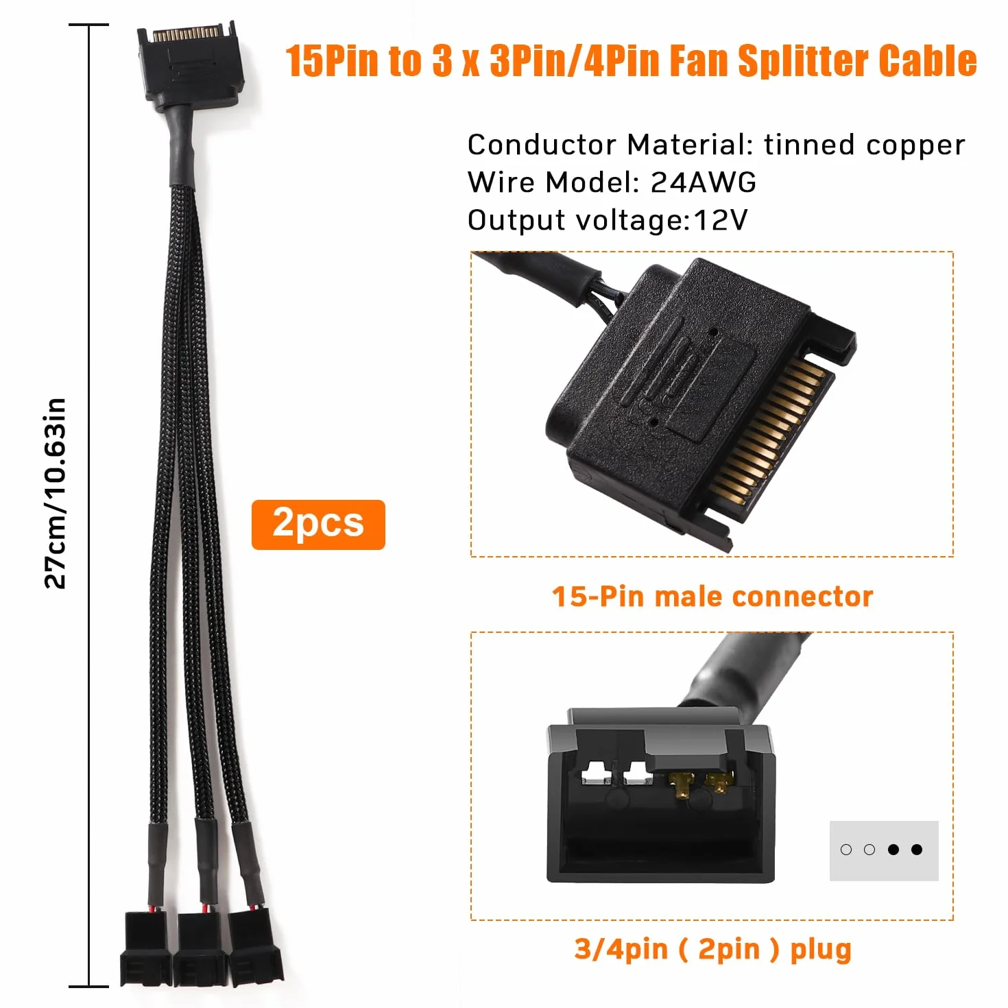 Adapter Rozgałęźnika SATA do Wentylatora Kabel Zasilający 15-pinowy SATA 3 x 3 Pin 4 Pin PWM 12 V