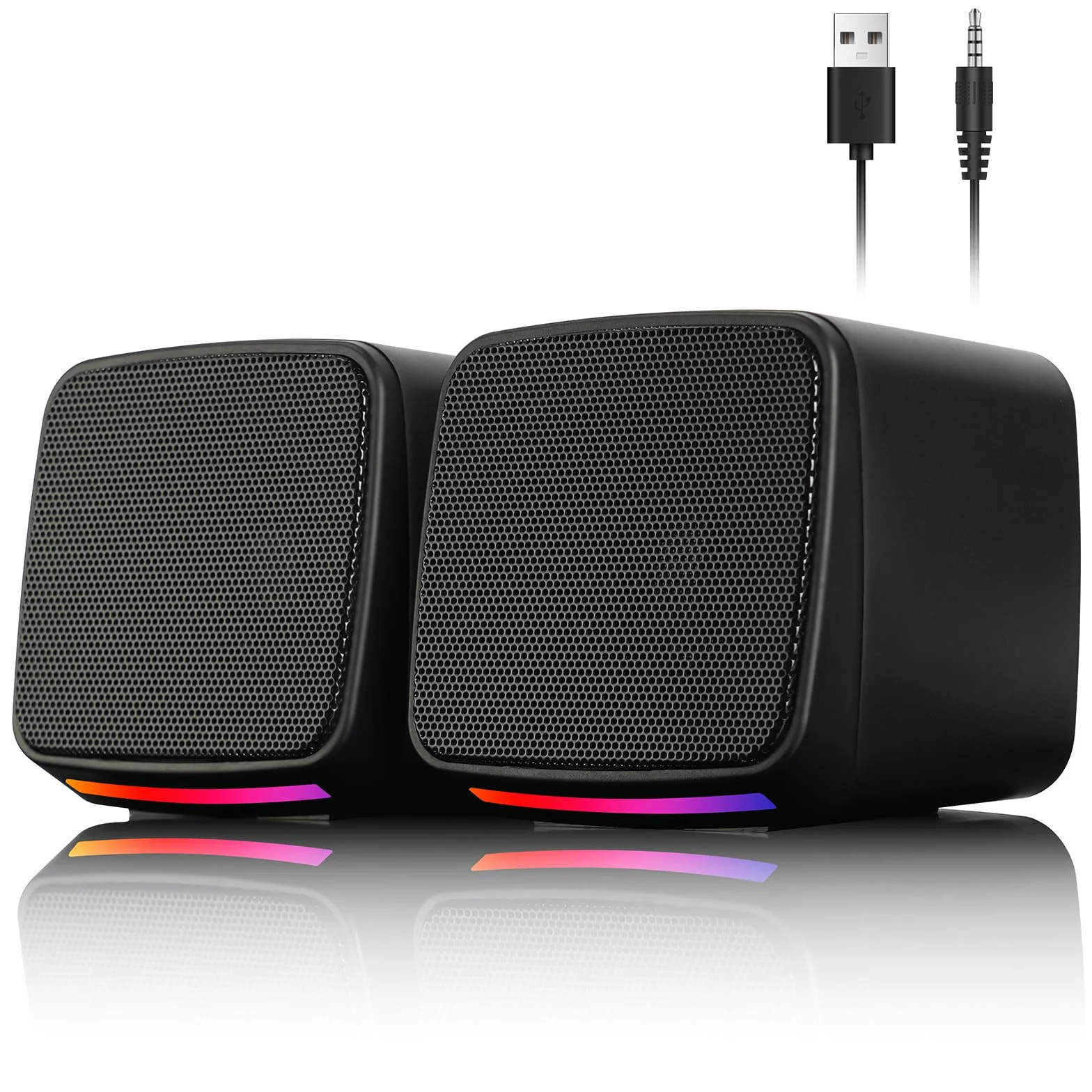 Vicloon Głośniki PC, głośniki 2.0 do komputera lub laptopa, kompaktowy głośnik zasilany przez USB, wejście Aux 3,5 mm, kolorowe światła RGB, 1 para, czarny