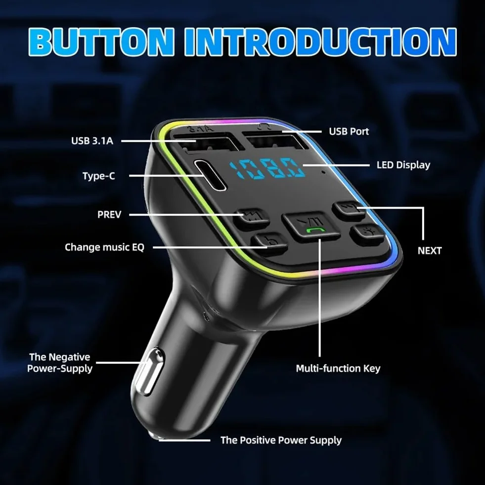 Bluetooth 5.0 nadajnik FM, ładowarka samochodowa, podwójne złącze USB, adapter samochodowy, odtwarzacz MP3, odbiornik audio, wyświetlacz LED, włącznik światła