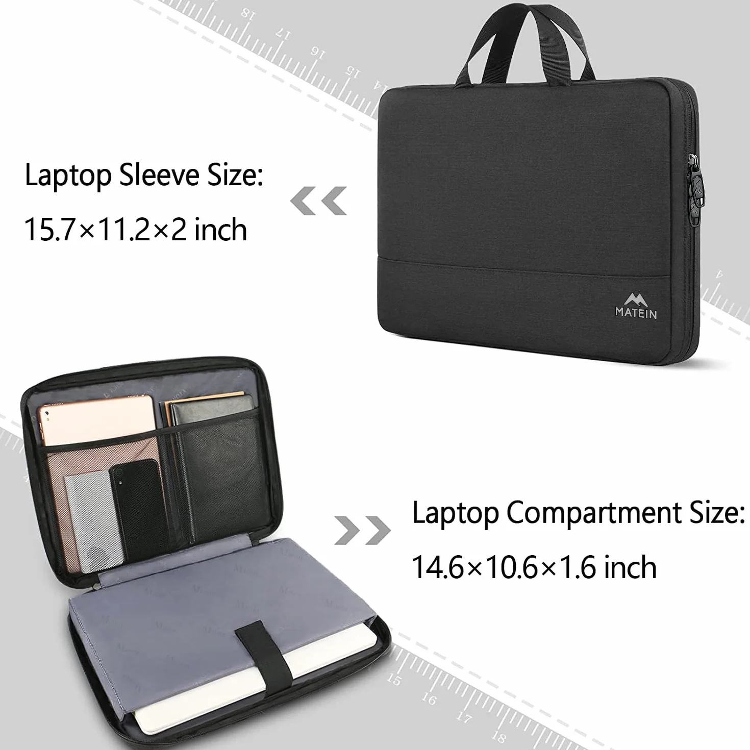 MATEIN Etui na laptopa 15,6 cala, etui na laptopa, wodoodporna torba na laptopa, etui ochronne z uchwytem, pokrowiec na laptopa Obudowa na notebooka 15-15 6 cali HP Lenovo Acer Chromebook Dell, czarny
