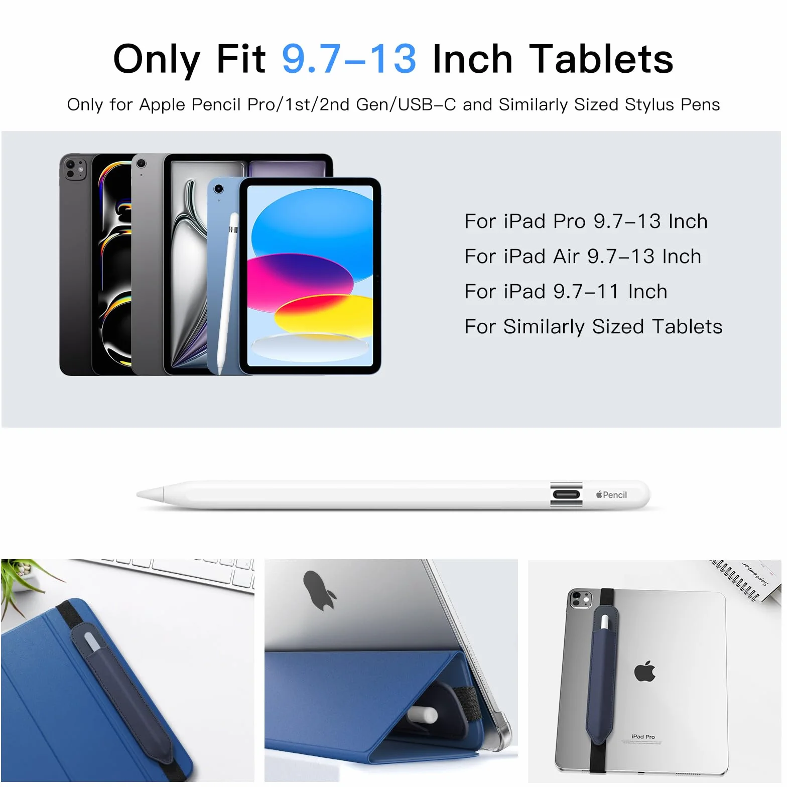 MoKo Etui na ołówki pasuje do Apple Pencil (Pro i USB-C i 1. i 2. generacji), odpinana elastyczna kieszeń na długopis z gumką przymocowana do etui iPada, Indygo