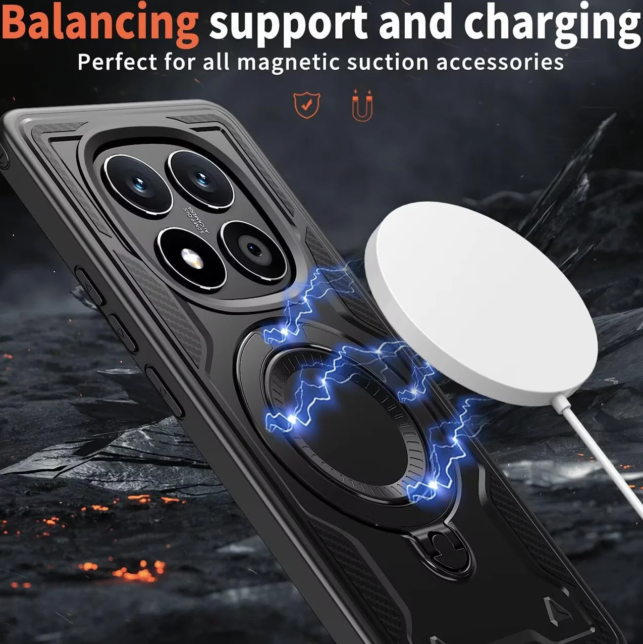 Etui do Xiaomi Redmi Note 14 Pro Plus 5G / Note 14 Pro+ 5G i szkło hartowane*2, wytrzymałe etui z podstawkami i uchwytem na pierścień - czarne