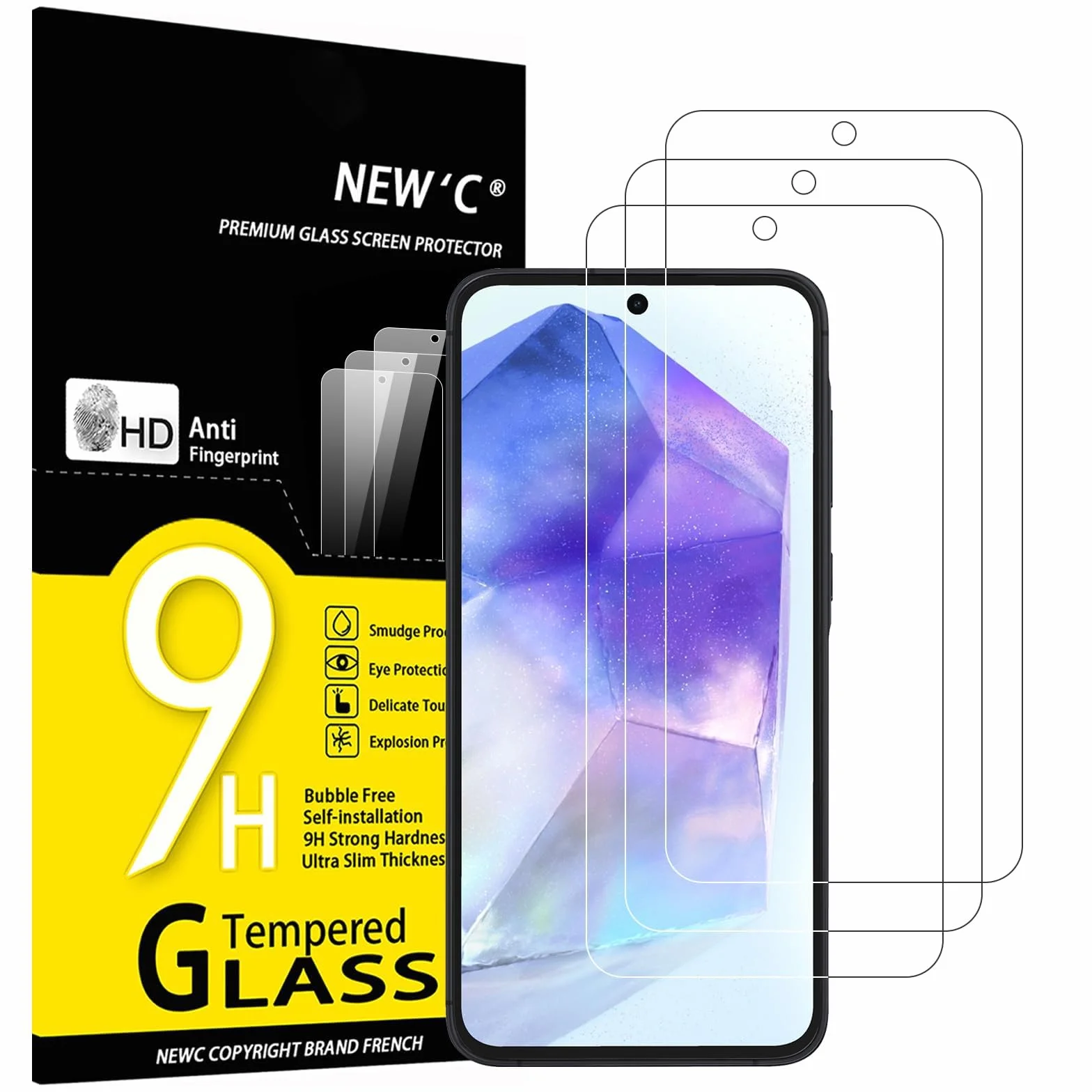NEW'C 3 sztuki Szkło dla Samsung Galaxy A55 5G Hartowane i Folia Ochronna Ochraniacz Ekranu - Bez pęcherzyków powietrza, odporność na zarysowania
