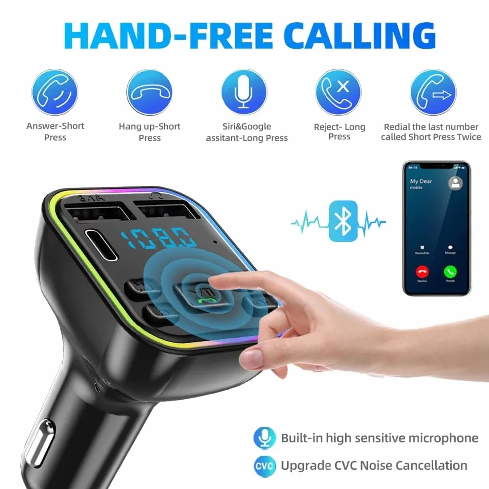 Bluetooth 5.0 nadajnik FM, ładowarka samochodowa, podwójne złącze USB, adapter samochodowy, odtwarzacz MP3, odbiornik audio, wyświetlacz LED, włącznik światła