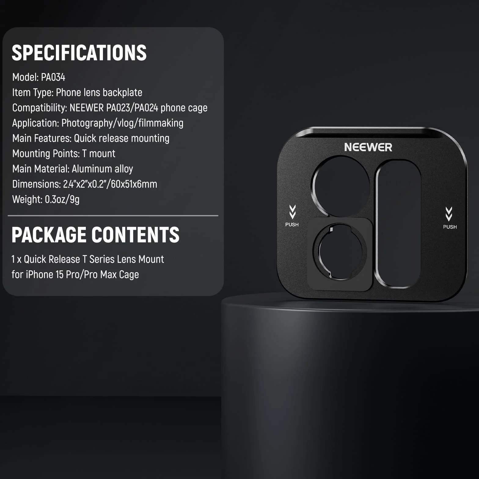 NEEWER Tylna płytka obiektywu serii T do iPhone'a 15 Pro i iPhone'a 15 Pro Max (PA023 i PA024), adapter do szybkiego montażu obiektywu do telefonu kompatybilny z mobilnymi obiektywami Moment T, PA034