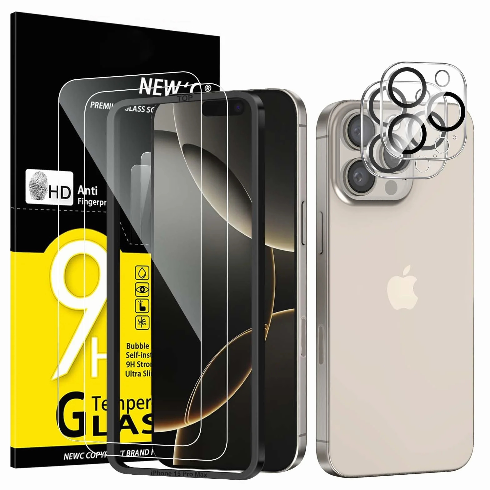 NEW'C Ochraniacz Ekranu iPhone 16 Pro 6,3 Cala Szkło 9H Zestaw 2 sztuk + Osłona Aparatu