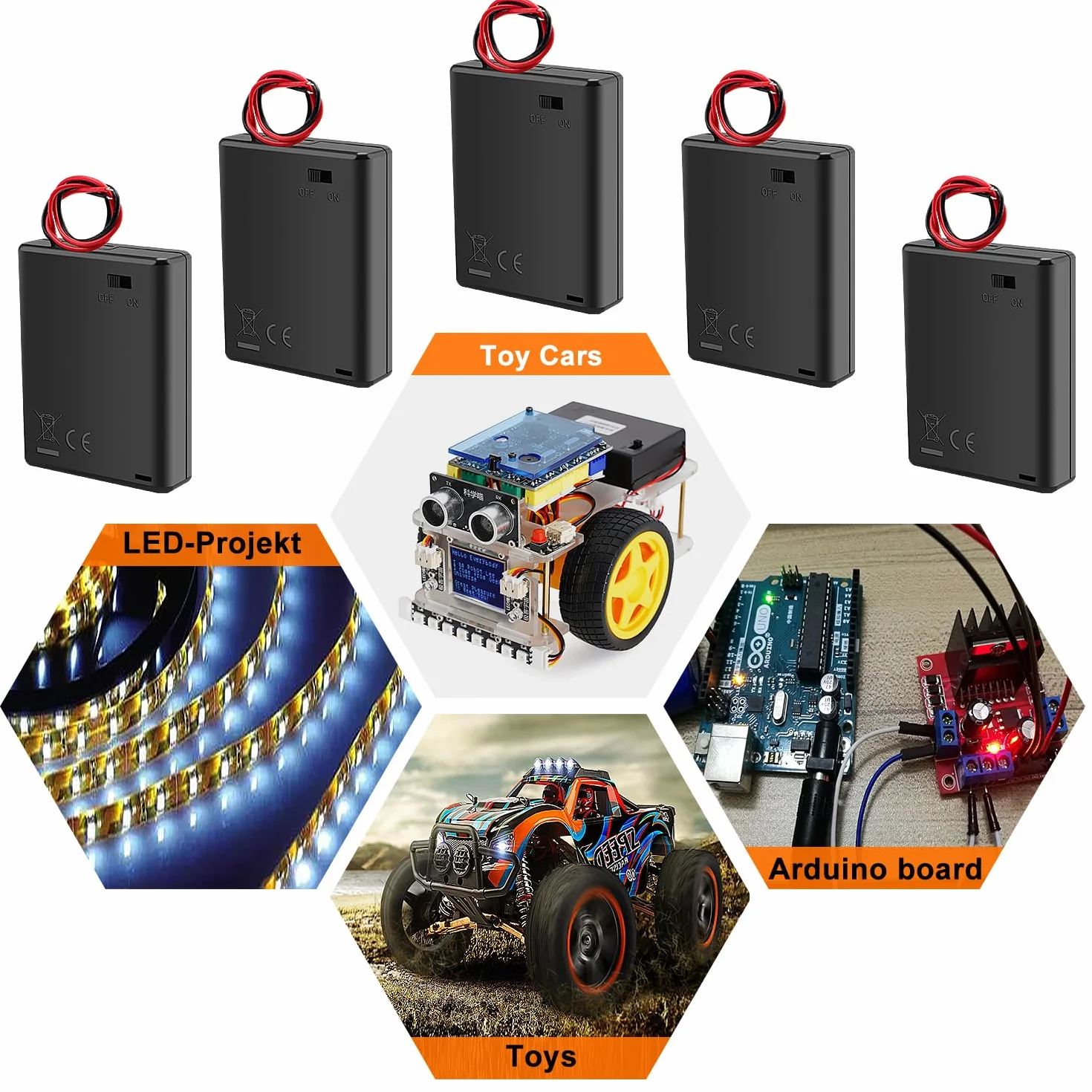 5 Sztuk 4 AAA Uchwyty na Baterie, KUOQIY 4 x 1.5V AAA Battery Storage Box z Wire i Przełącznikiem ON/OFF i Pokrywą, z Plastikowym Pojemnikiem na Baterie i Śrubokrętami i Śrubami