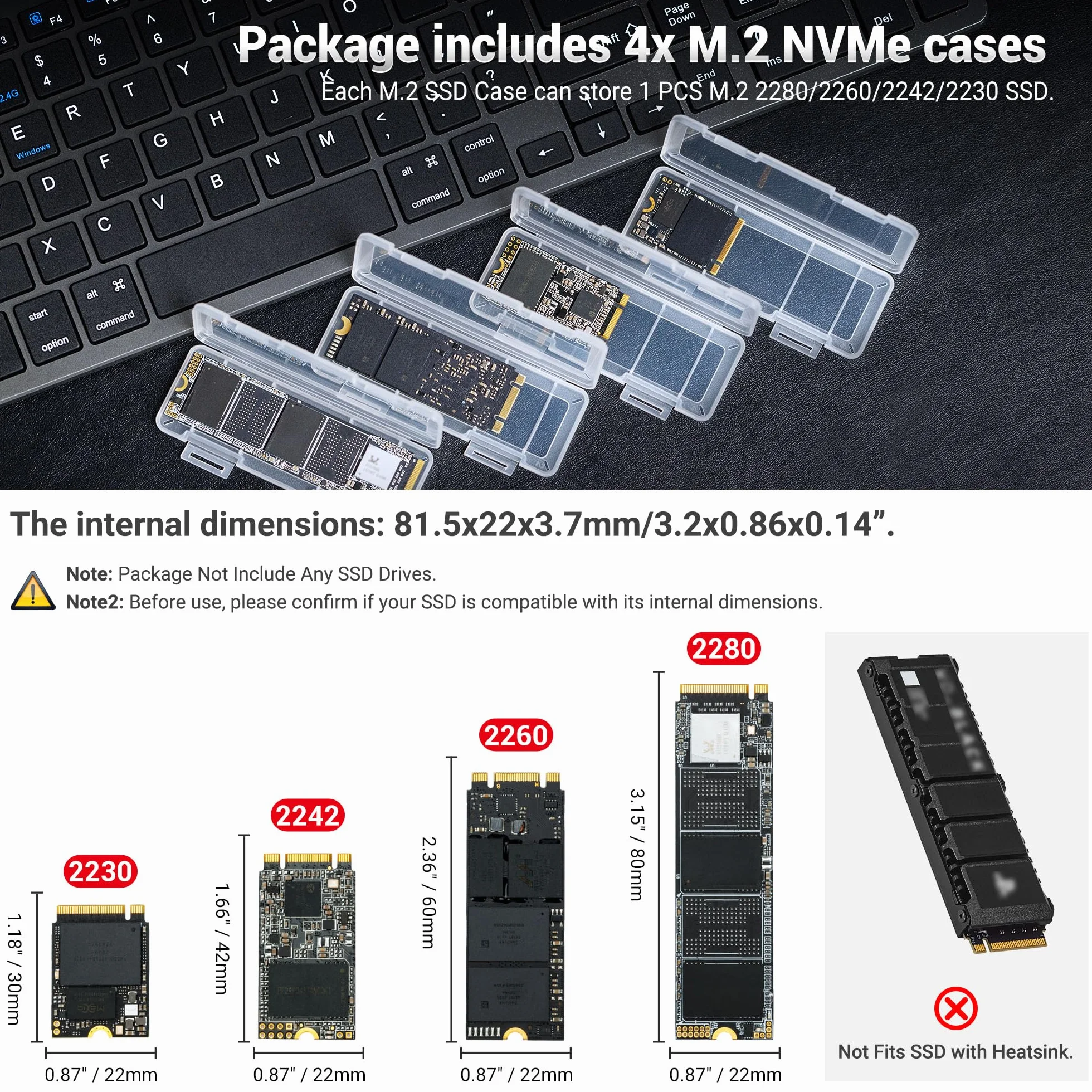 Przezroczyste plastikowe etui ochronne M.2 SSD - pasuje do 2280, 2260, 2242, 2230 NVMe - indywidualne antystatyczne i odporne na wstrząsy pudełko do przechowywania z etykietą