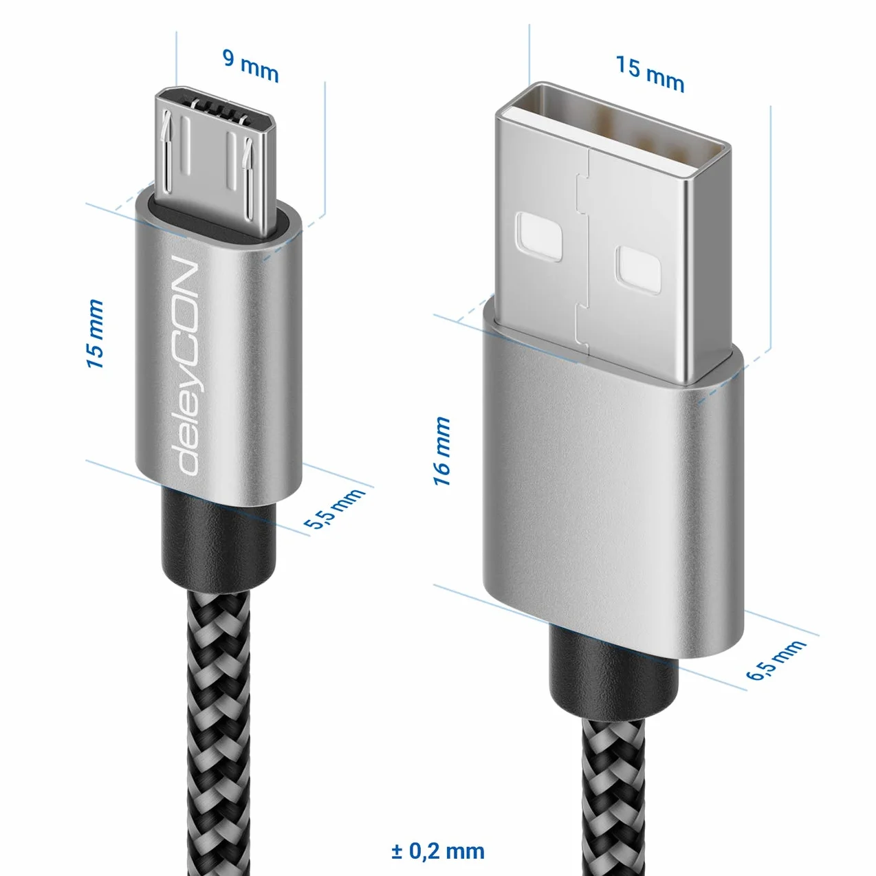 deleyCON 3,0m Nylonowy Kabel Micro USB - Kabel ładujący/danych, Metalowe Wtyki - ładowanie i Synchronizacja - Telefon, Smartfon, Tablet