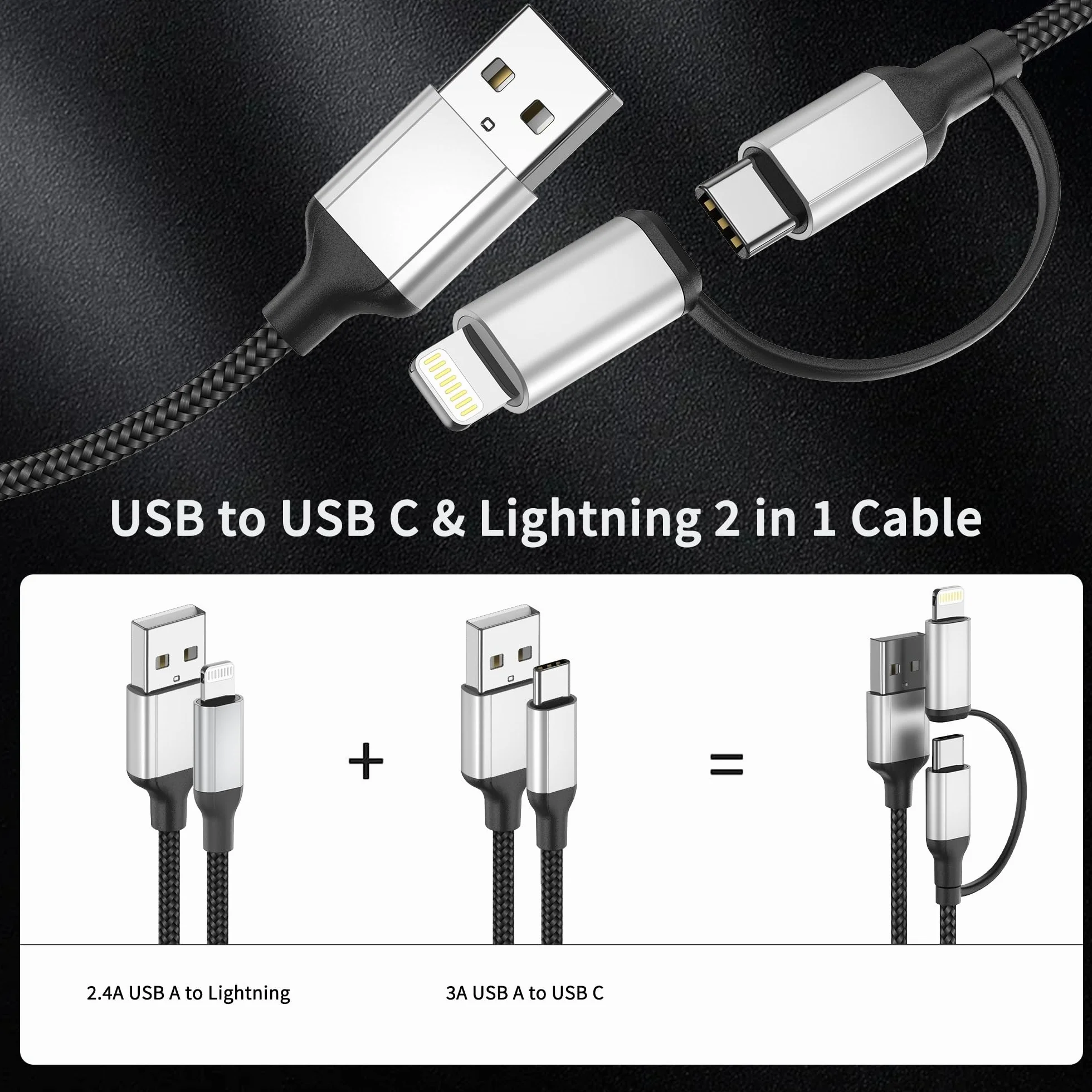 Kabel USB C 1,5 m, 2 w 1, kabel do szybkiego ładowania, USB A na USB typu C i kabel Lightning do ładowania iPhone'a, Samsung, Huawei, Xiaomi, OnePlus, Google, czarno-szary