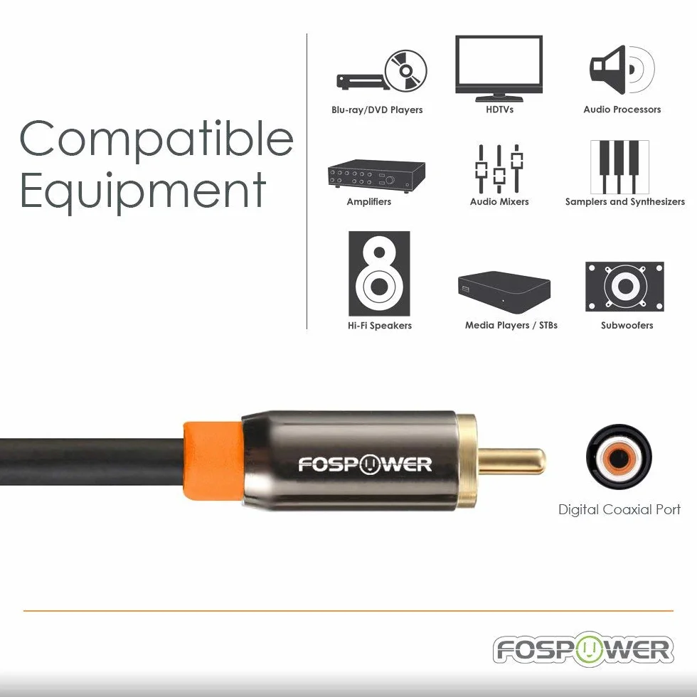 FosPower Cyfrowy kabel koncentryczny audio S/PDIF RCA męski na RCA męski 1,8 m pozłacany 24-karatowym złotem