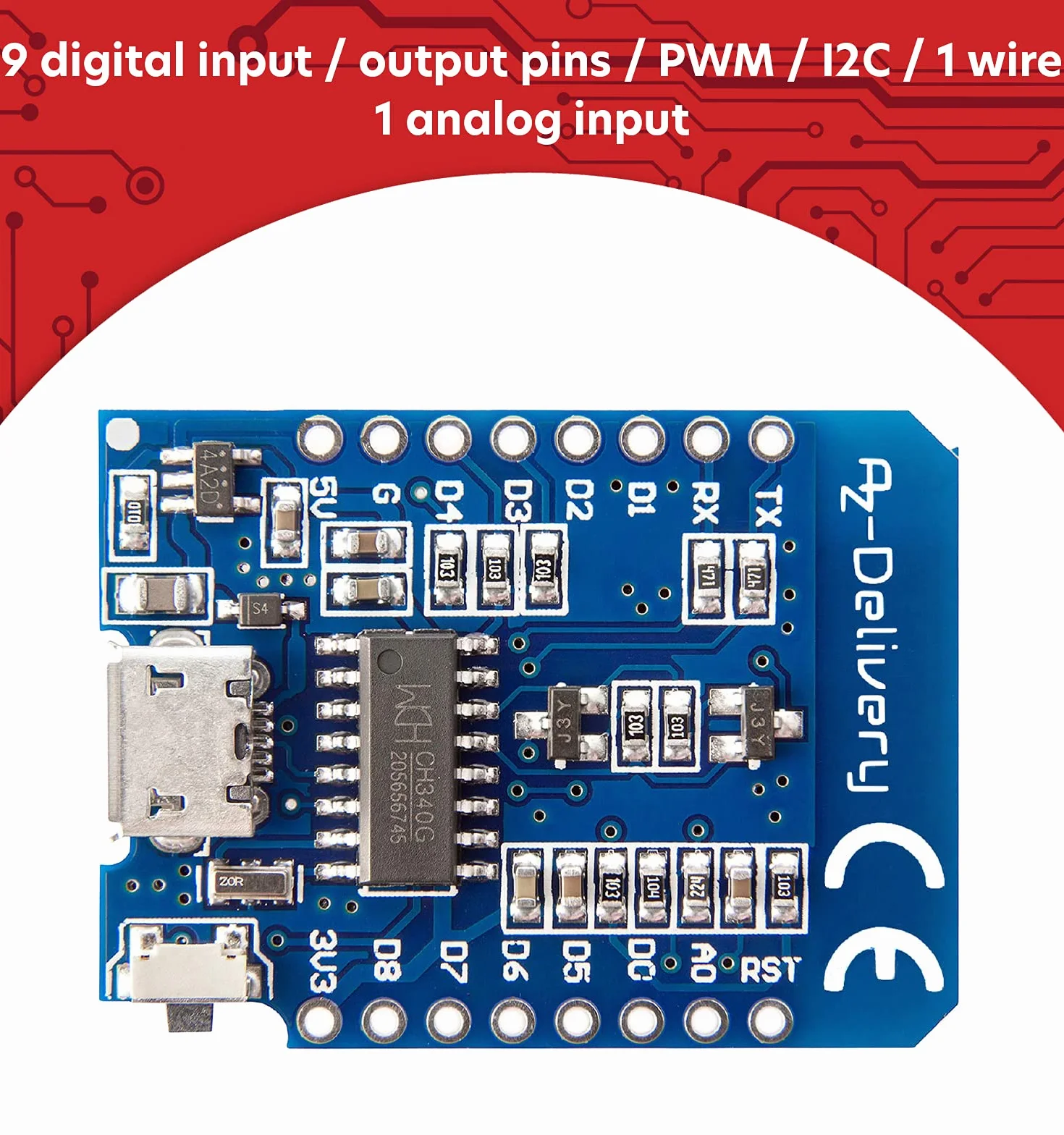 AZDelivery D1 Mini NodeMcu z ESP8266-12F Moduł WLAN CH340G Lua, kompatybilny z Arduino w tym e-book!