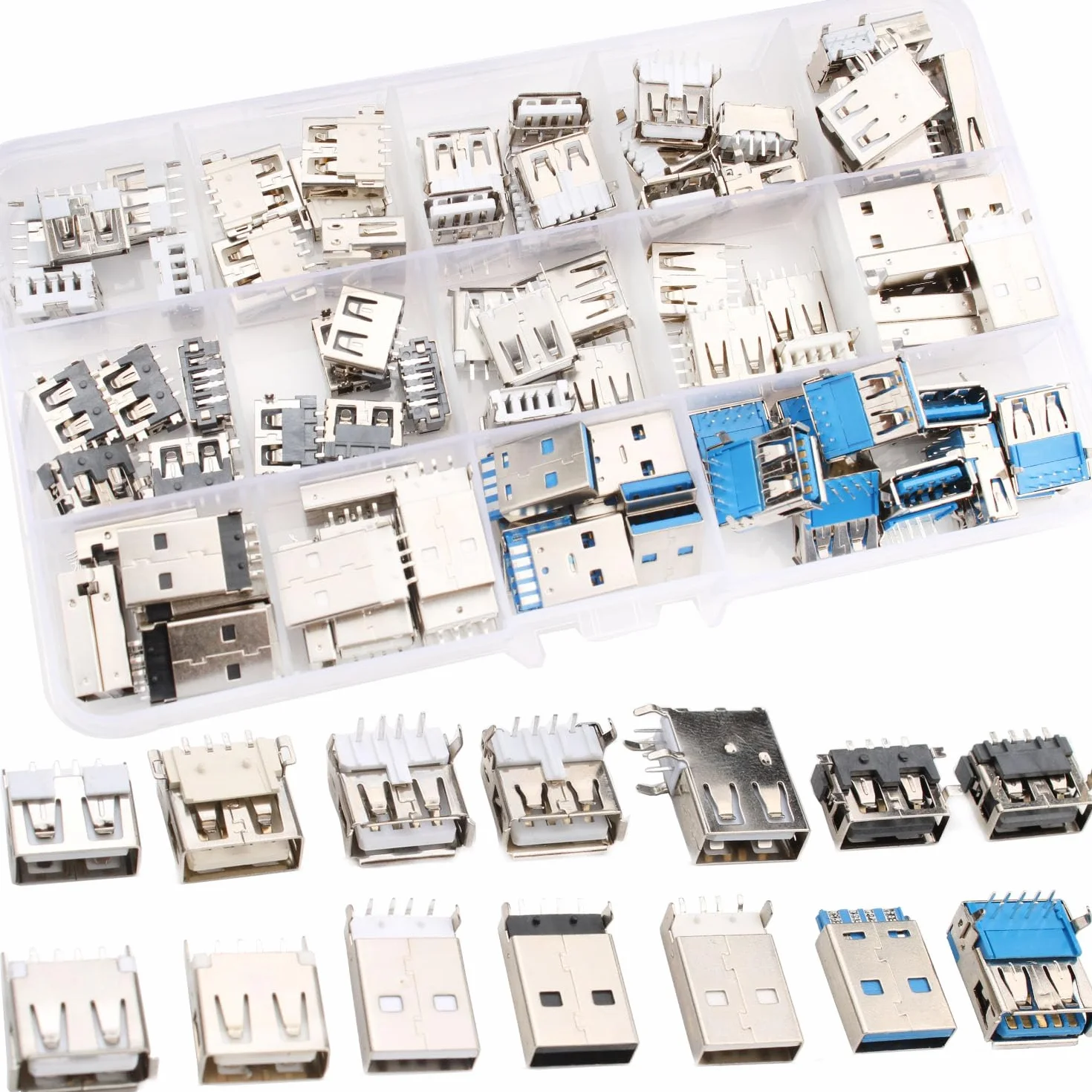 RUNCCI-YUN 95szt. 14 wartości USB 2.0 3.0 Typ A Micro USB złącze do lutowania, złącze Micro USB 2.0 3.0 Typ A złącze lutowe męsko-żeńskie, adapter USB do wbudowanego gniazda płytki drukowanej DIY