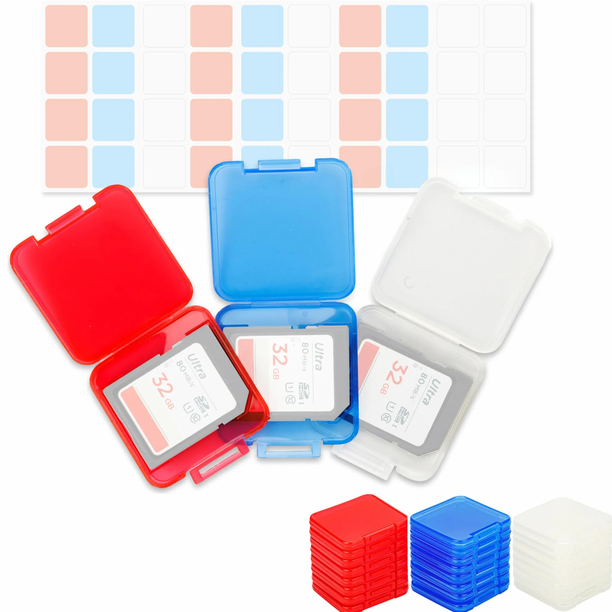 Kiorafoto Wielokolorowe przezroczyste plastikowe etui na karty SD na 24 karty SD SDXC SDHC, przezroczyste, standardowe etui na karty pamięci, pudełko na biżuterię, organizer do przechowywania z