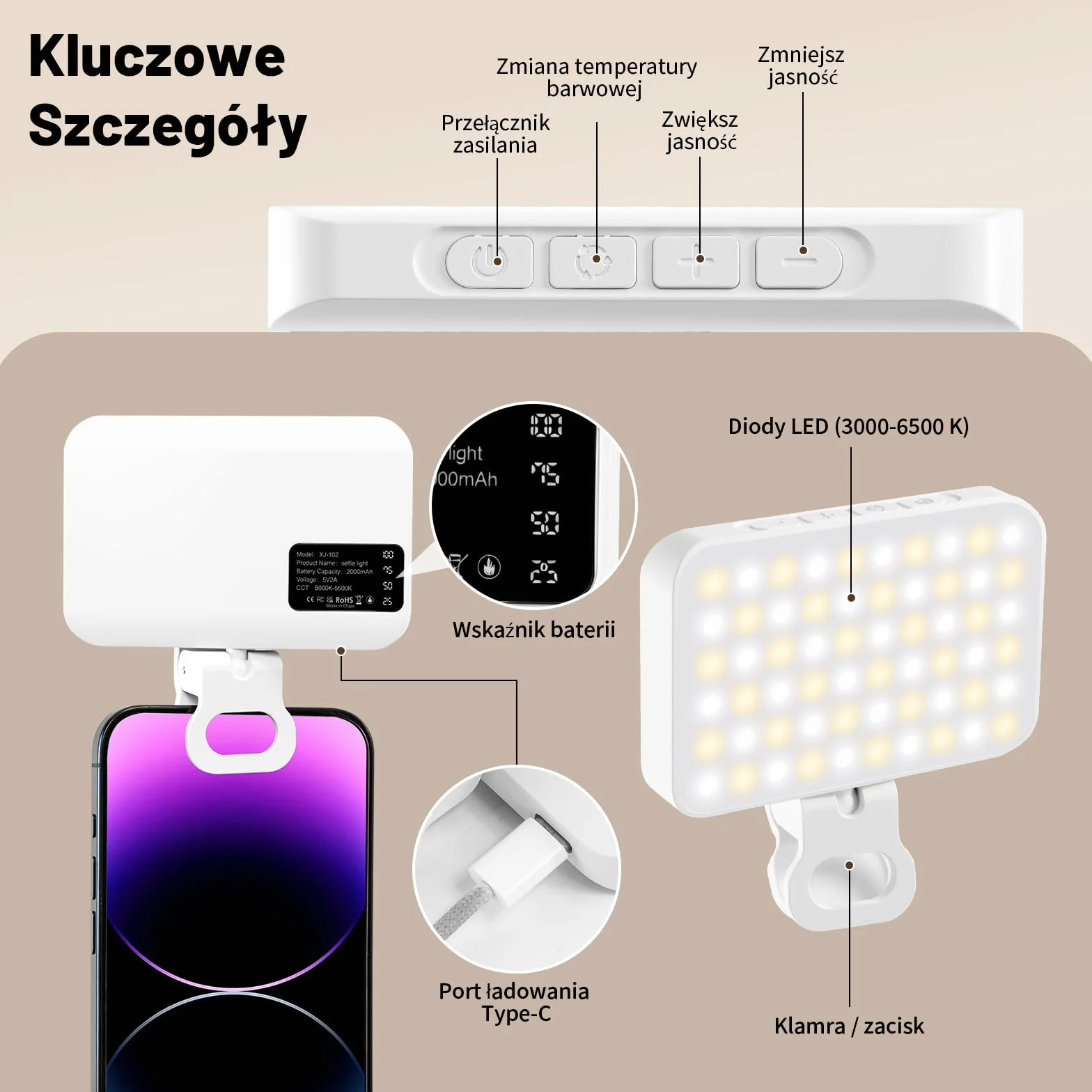 OUSFOT Lumiere Telefon z 3 trybami oświetlenia, 3000-6500K, 10 poziomów jasności do telefonu z baterią 2000 mAh z klipsem, do telefonu, aparatu, komputera