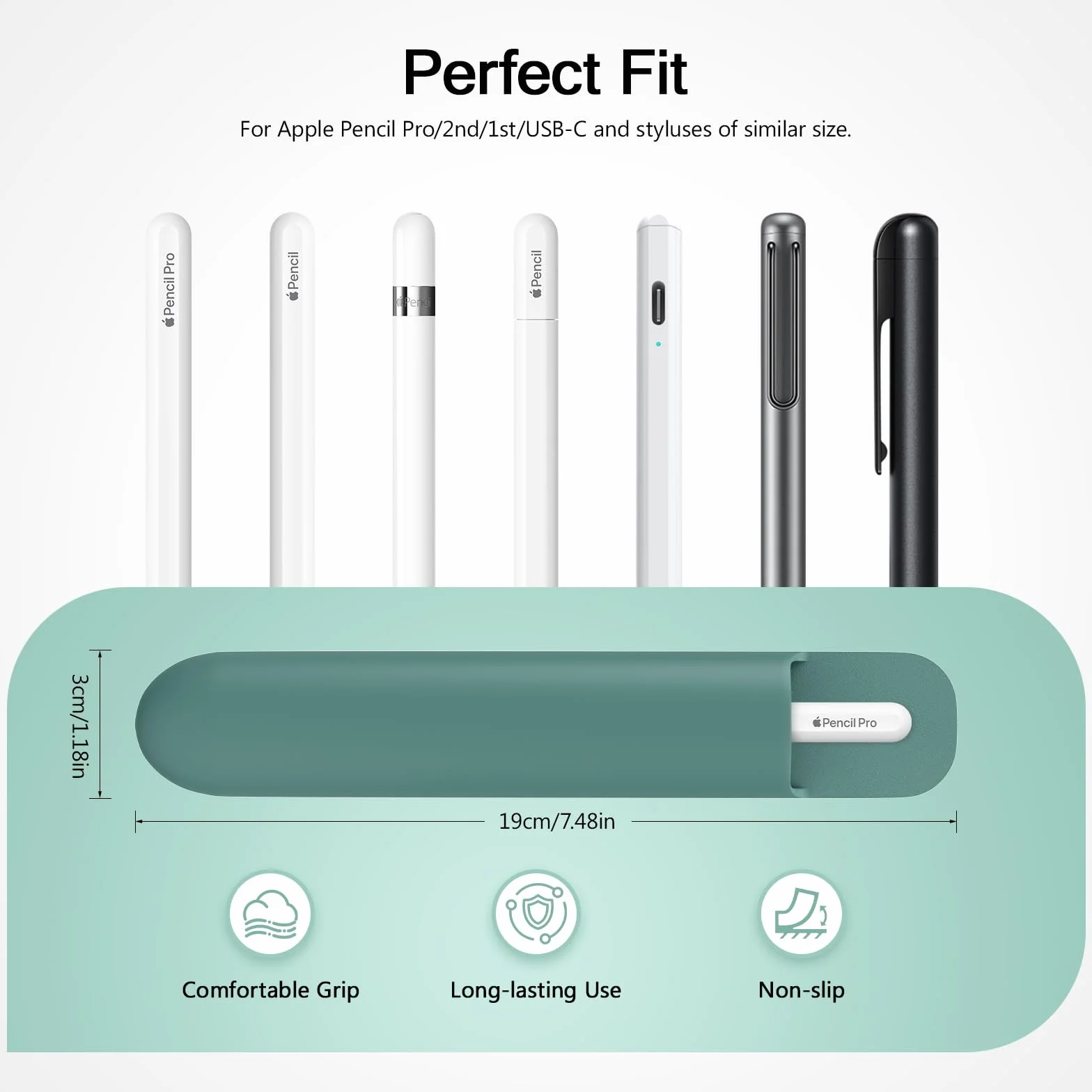 MoKo Universal Stylus Holder, Adhesive Silicone Pencil Protected Sleeve Compatible with Pencil Pro&1st&2nd Gen&USB-C and Similarly Sized Styluses,Attached to Case for Pencil,Dark Night Green