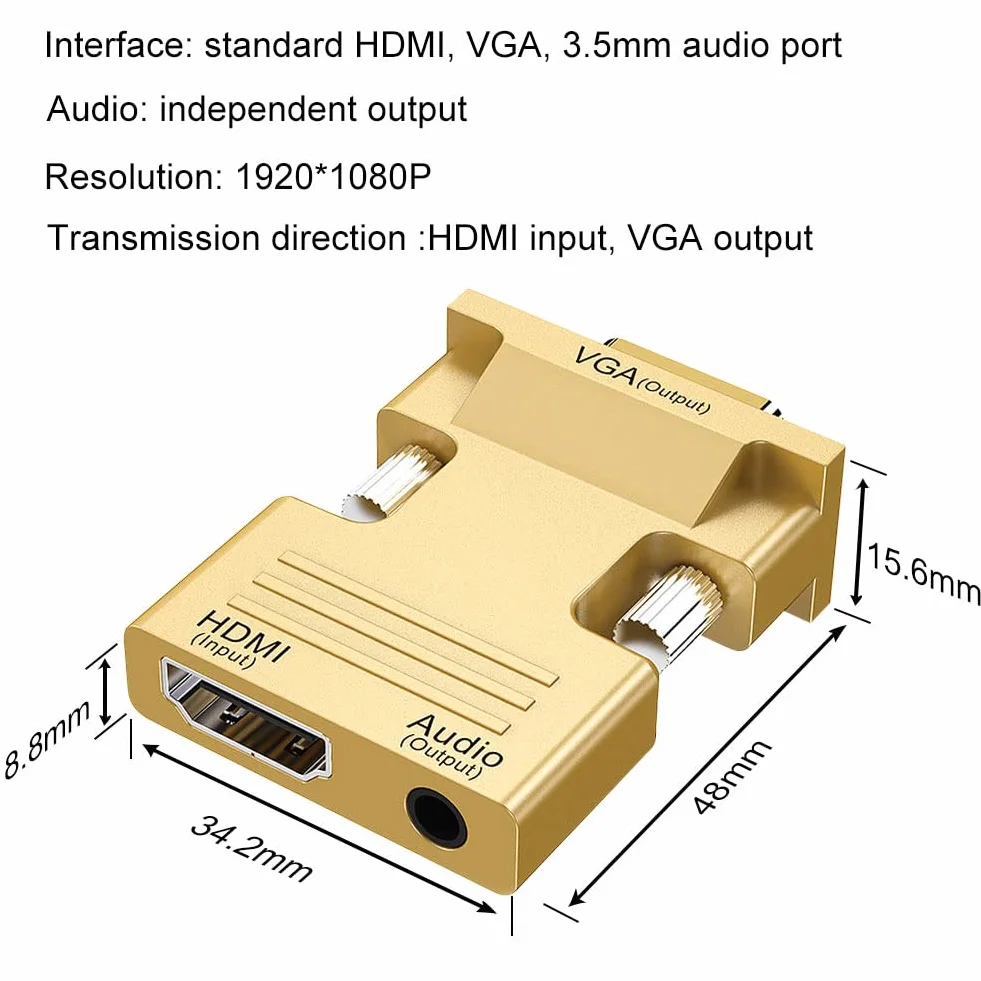 HDMI na VGA, 1080P HDMI żeński na VGA męski konwerter kabla audio wideo z kablem audio 3,5 mm do komputera, stacjonarnego, monitora HDTV itp. (złoty)