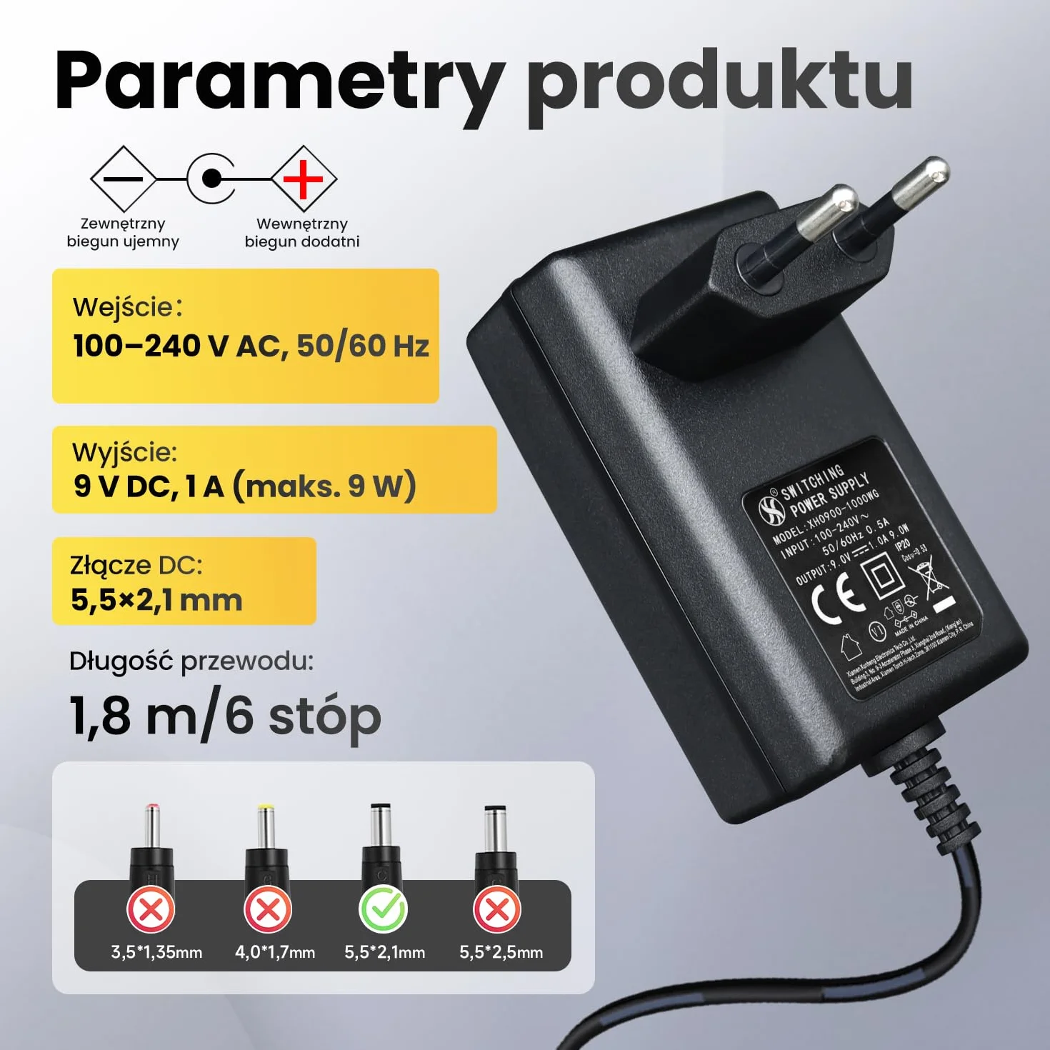 Zasilacz 9 V 1 A 9 W 1,8 m, adapter przełącznika AC DC (wejście 100-240 V, wyjście 9 V 1A), Gniazdo transformatora do montażu na ścianie DC 5,5 x 2,1 mm, znak CE