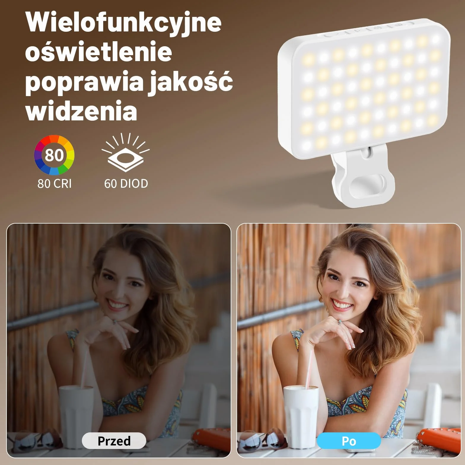 OUSFOT Lumiere Telefon z 3 trybami oświetlenia, 3000-6500K, 10 poziomów jasności do telefonu z baterią 2000 mAh z klipsem, do telefonu, aparatu, komputera