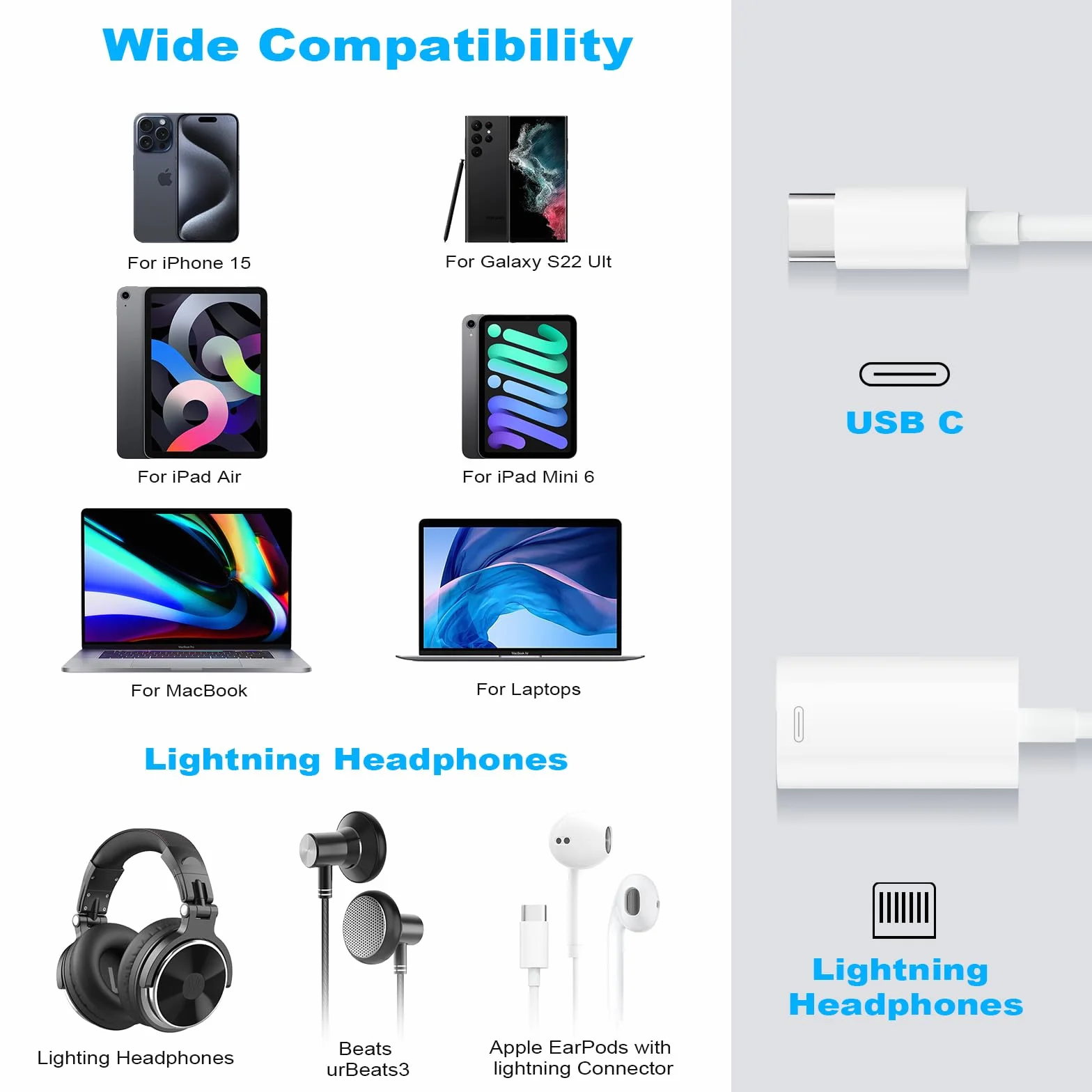 AXFEE Adapter słuchawkowy USB C na Light-ning typu C na Light-ning, do i-Phone 15 i-Pad Air i-Pad Mini 6 MacBook, Galaxy S22 ULT, ładowanie 3 w 1, transfer danych/adapter