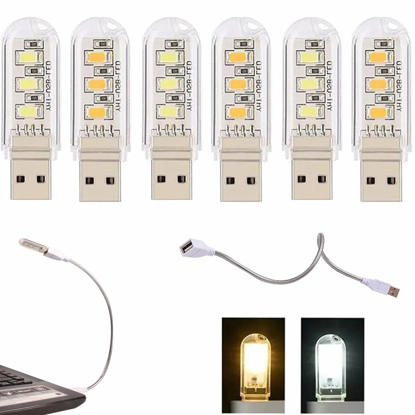 Cerioll LED do laptopa PC, lampka klawiatury komputera, mini przenośna lampa USB, lampa do komputera z 6 mieszanymi światłami LED USB (3 białe + 3 żółte)
