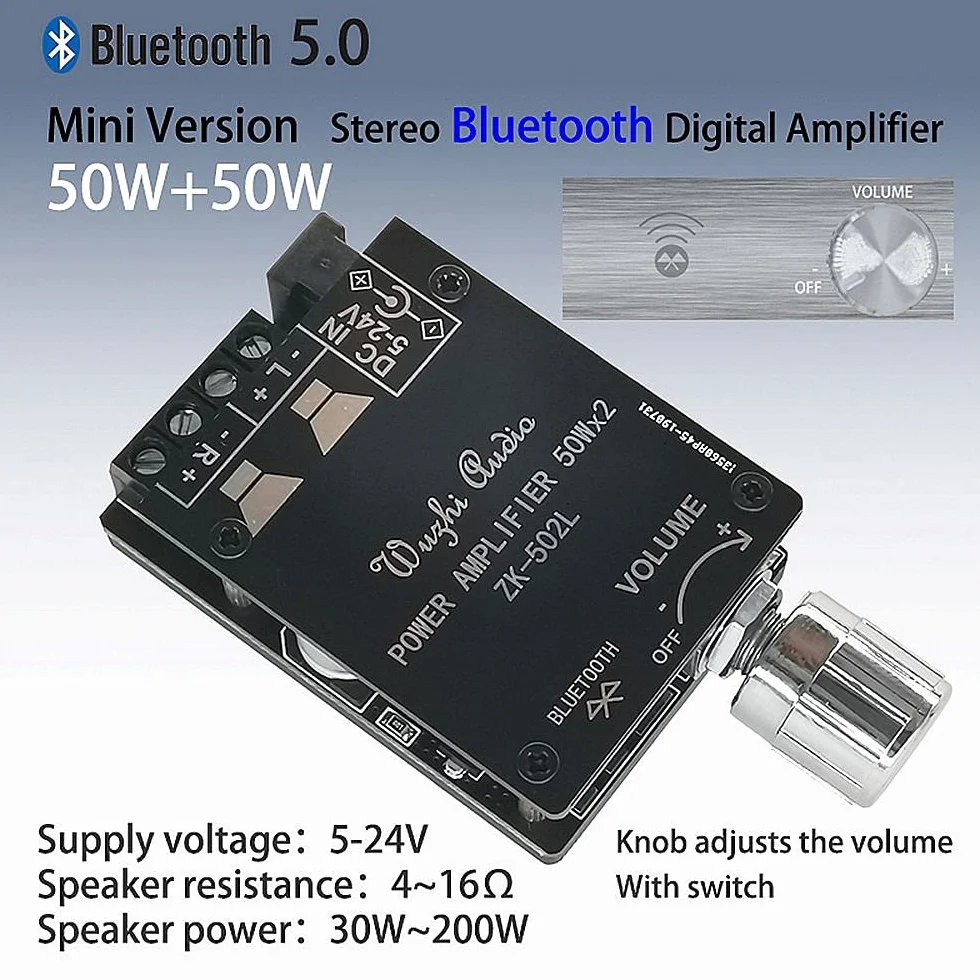 DollaTek 2x50W TPA3116 bluetooth 5.0 mini karta cyfrowy wzmacniacz mocy z prze??cznikiem i regulowan? g?o?no?ci? z obudow?