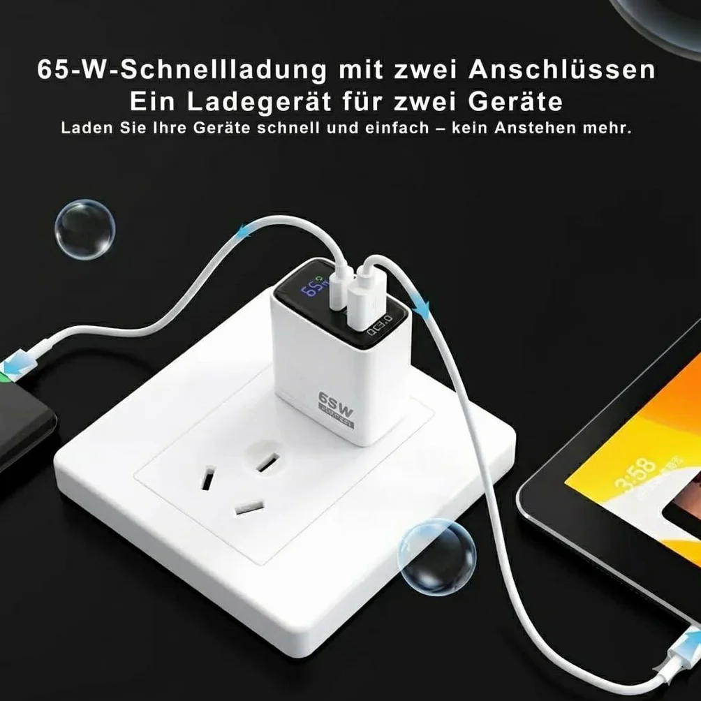 ładowarka USB C 65 W, 2-portowe ładowarki GaN z wyświetlaczem LED, PPS i PD do iPhone 17/16/15, MacBook, iPad, Samsung, telefonów komórkowych i laptopów