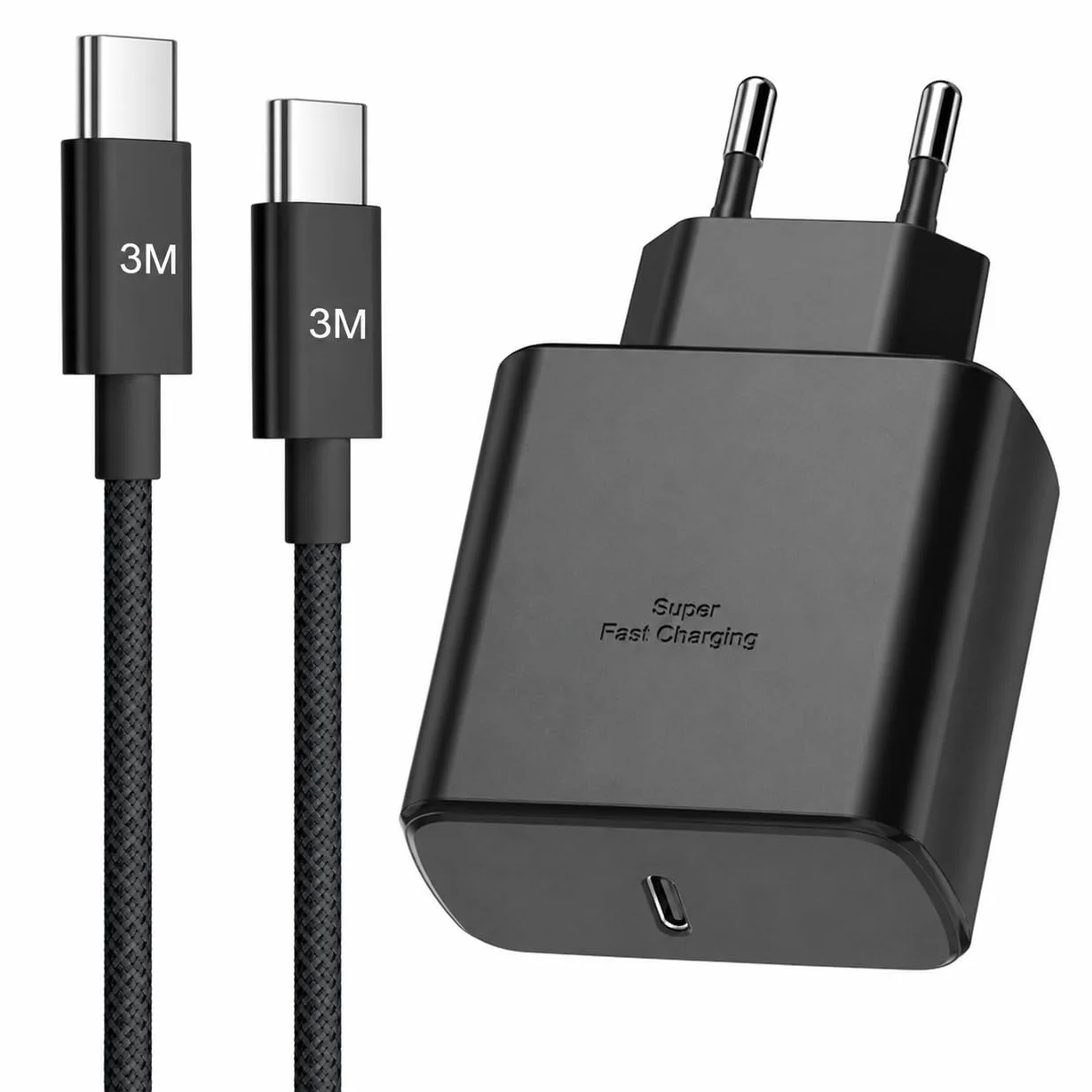 Ładowarka USB C 45 W do Samsung Galaxy S25 S24 S23 S22 S21 S20 Note20 A73 A53 S10, Kabel USB-C 3M Nylon