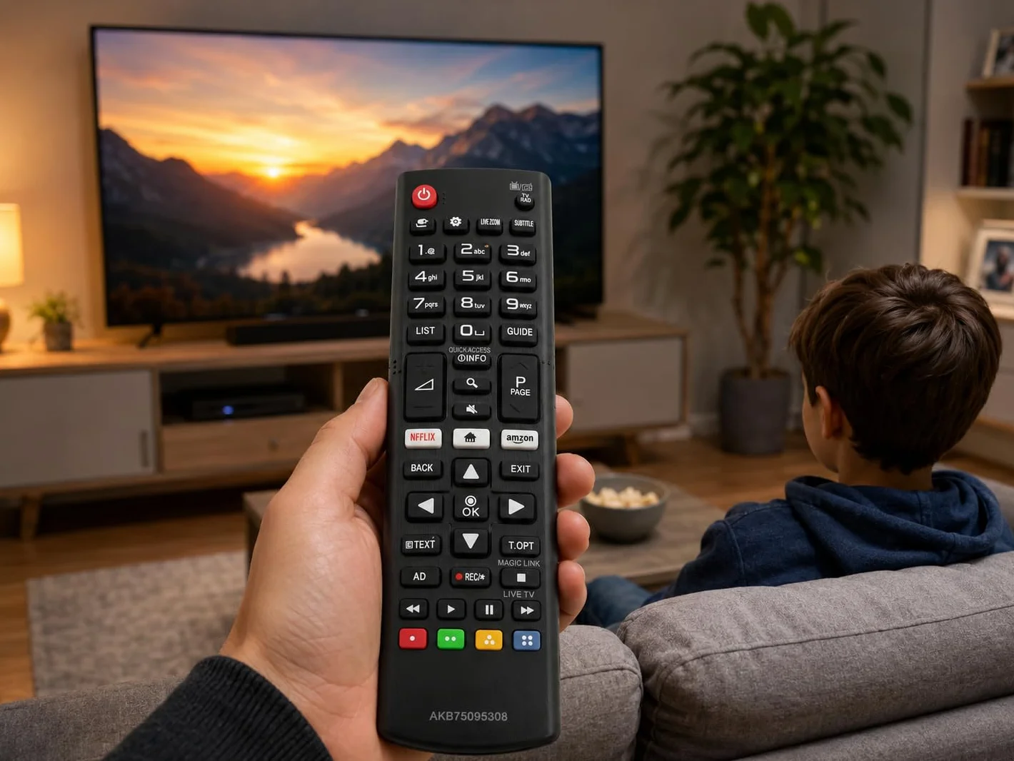 Pilot zdalnego sterowania LG AKB75095308 do telewizorów LG Smart TV 2017 z serii UJ, przyciski bezpośrednie Netflix i Amazon Video