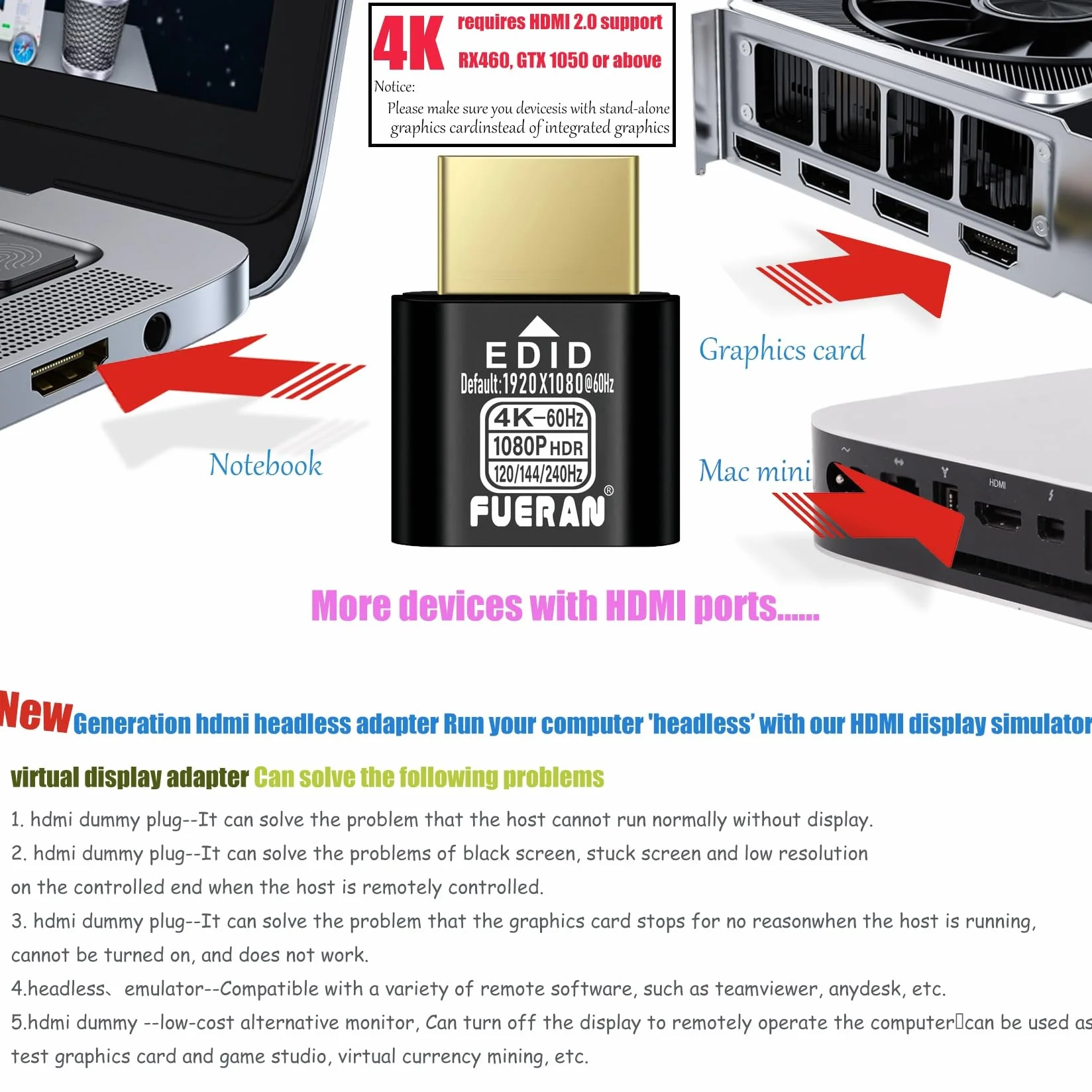 HDMI Dummy Plug 4K HDR, emulator edid wirtualny wyświetlacz, adapter HDMI Headless 4K przy 60Hz, 1440P przy 120/144Hz, 1080P przy 120/144/240Hz (NEW-4K-HDR (domyślnie 1920X1080@60Hz) 1P-2)